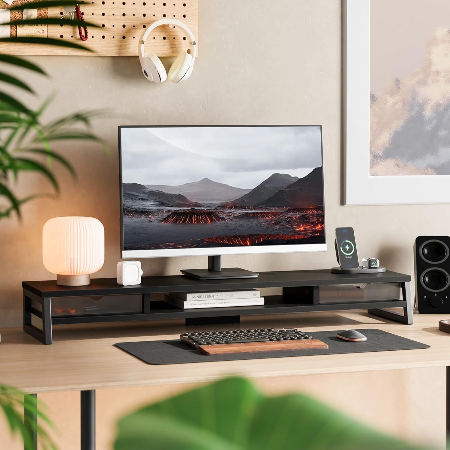 image:imageFenge Dual Monitor Stand Monitor Riser with Drawer 425 Inch Large Computer Monitor Stand for 2 Monitors 2 Tier Wooden Desk Shelf for Top of DeskBlack