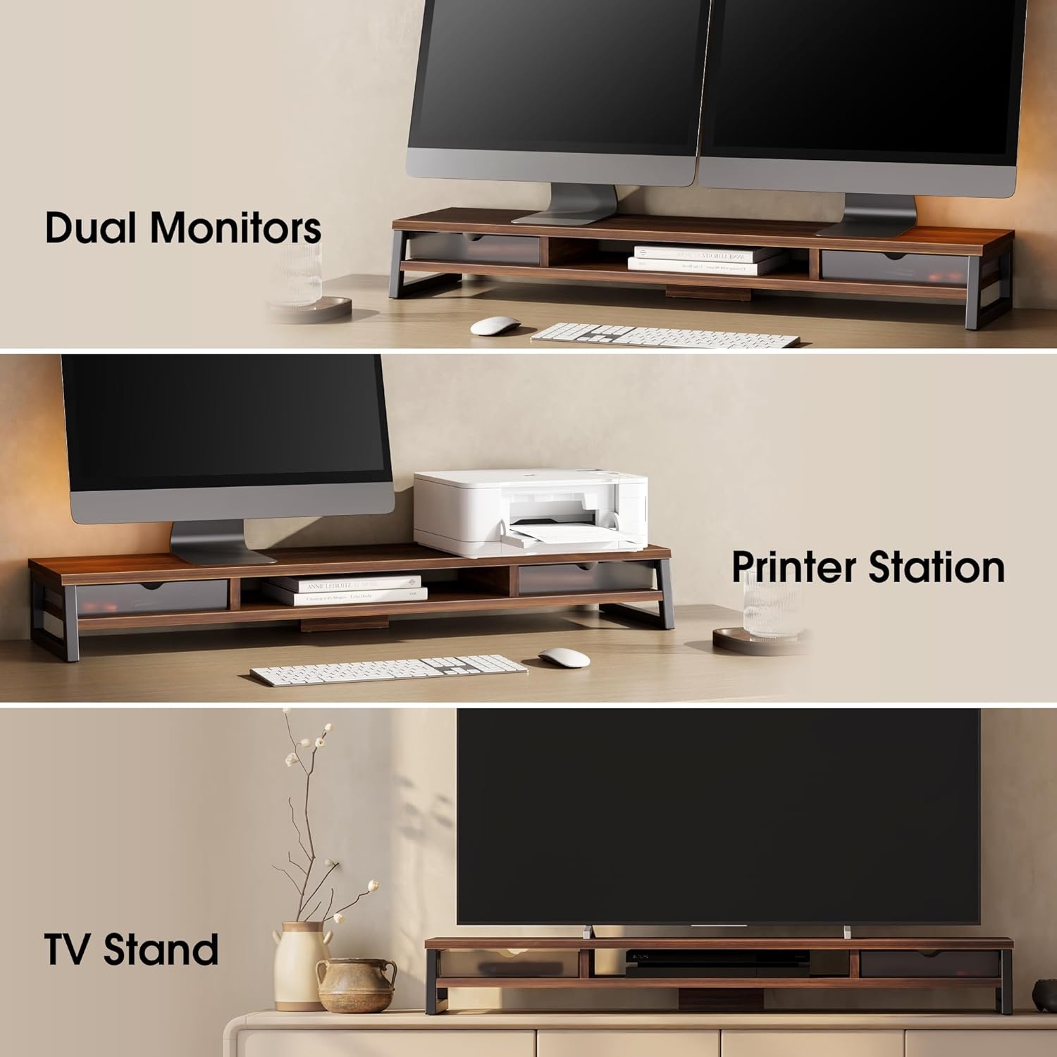 image:imageFenge Dual Monitor Stand Monitor Riser with Drawer 425 Inch Large Computer Monitor Stand for 2 Monitors 2 Tier Wooden Desk Shelf for Top of DeskBrown