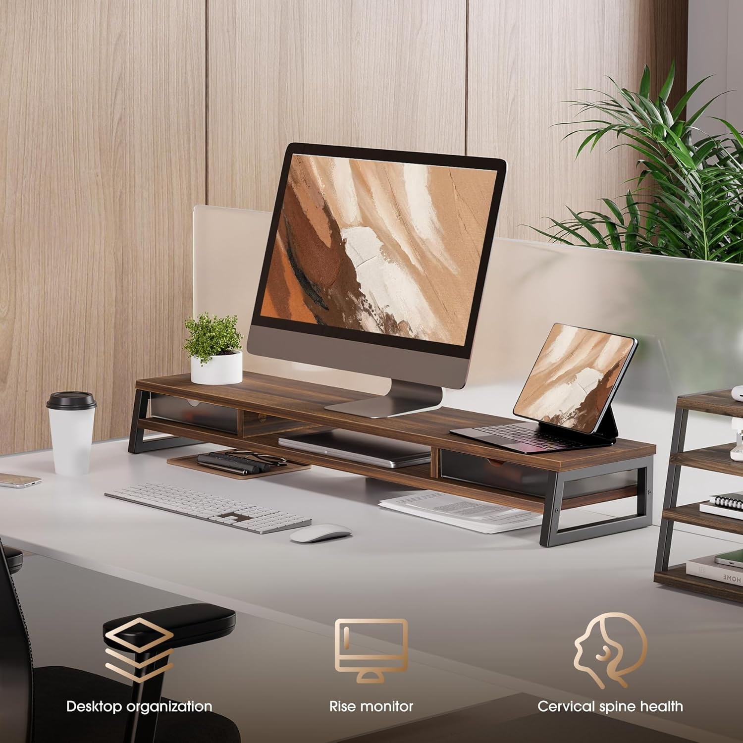 image:imageFenge Dual Monitor Stand Monitor Riser with Drawer 425 Inch Large Computer Monitor Stand for 2 Monitors 2 Tier Wooden Desk Shelf for Top of DeskBrown