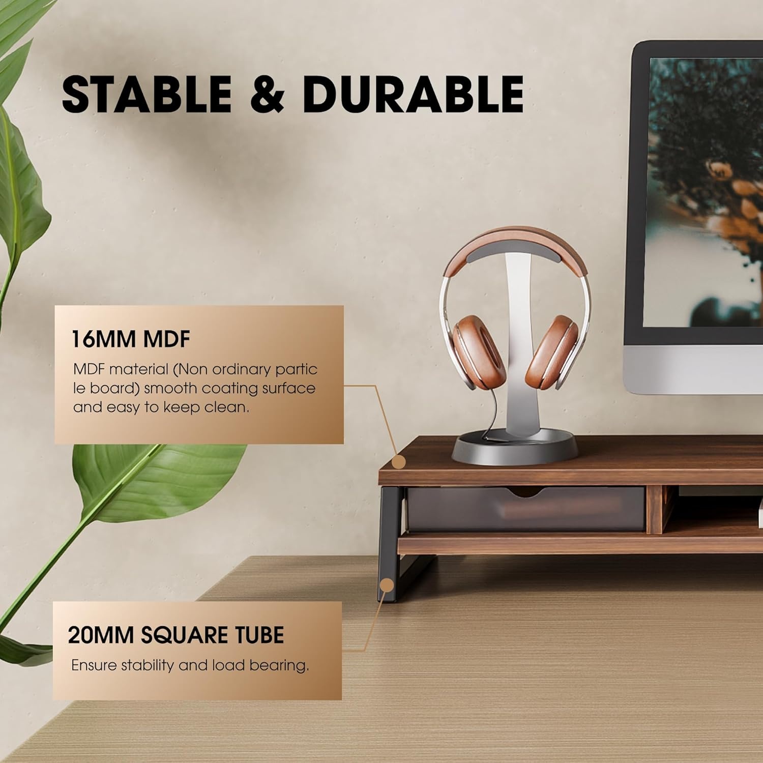 image:imageFenge Dual Monitor Stand Monitor Riser with Drawer 425 Inch Large Computer Monitor Stand for 2 Monitors 2 Tier Wooden Desk Shelf for Top of DeskBrown