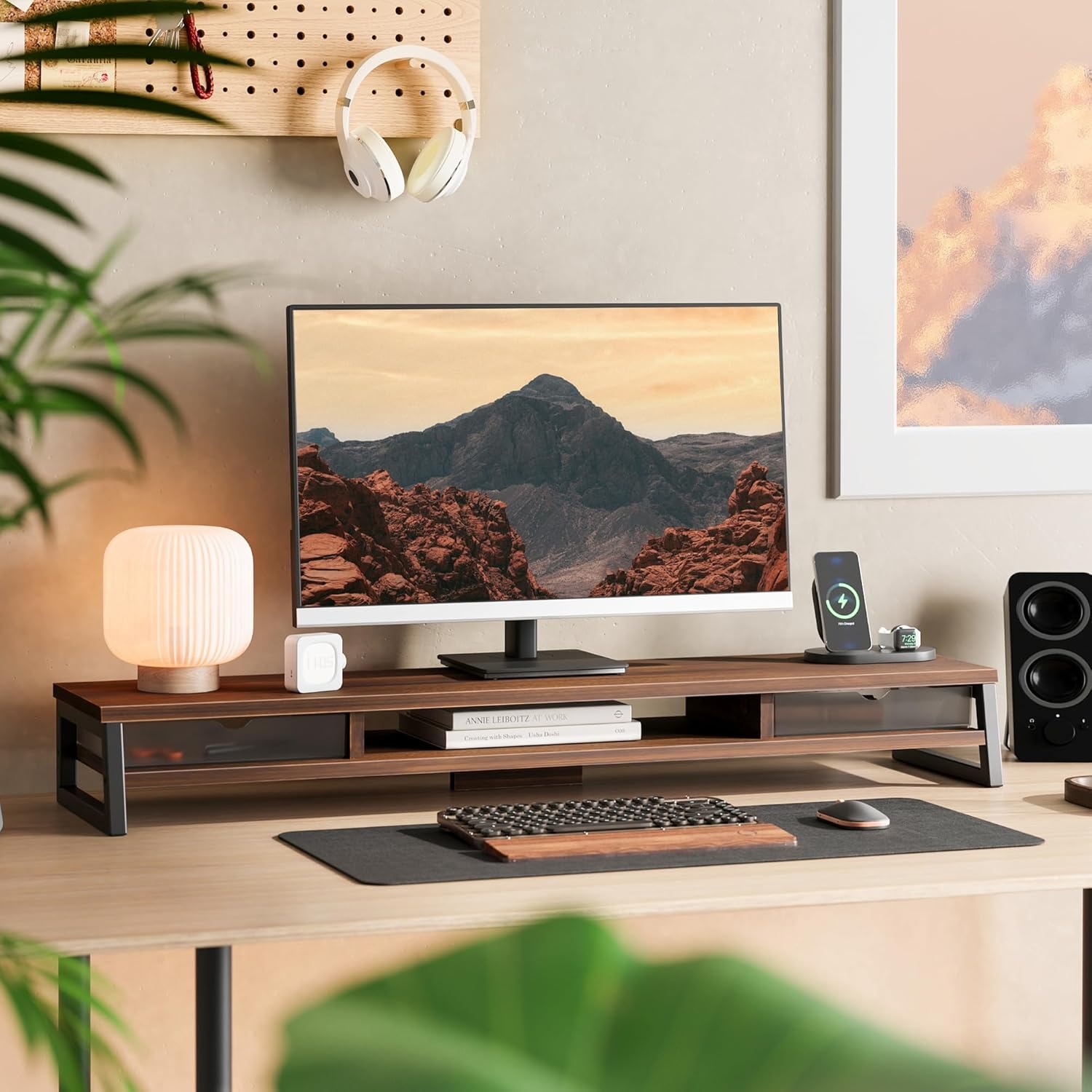 image:imageFenge Dual Monitor Stand Monitor Riser with Drawer 425 Inch Large Computer Monitor Stand for 2 Monitors 2 Tier Wooden Desk Shelf for Top of DeskBrown