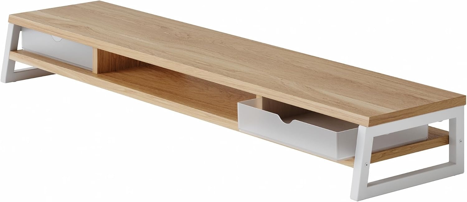 image:imageFenge Dual Monitor Stand Monitor Riser with Drawer 425 Inch Large Computer Monitor Stand for 2 Monitors 2 Tier Wooden Desk Shelf for Top of DeskDark Oak