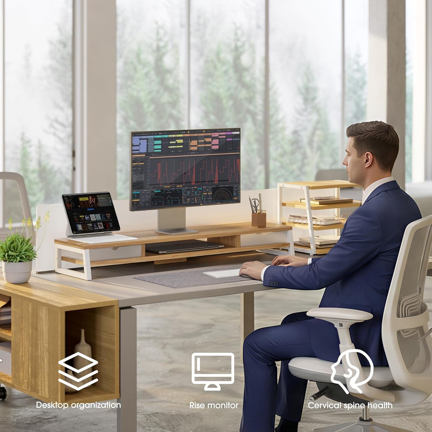 image:imageFenge Dual Monitor Stand Monitor Riser with Drawer 425 Inch Large Computer Monitor Stand for 2 Monitors 2 Tier Wooden Desk Shelf for Top of DeskDark Oak