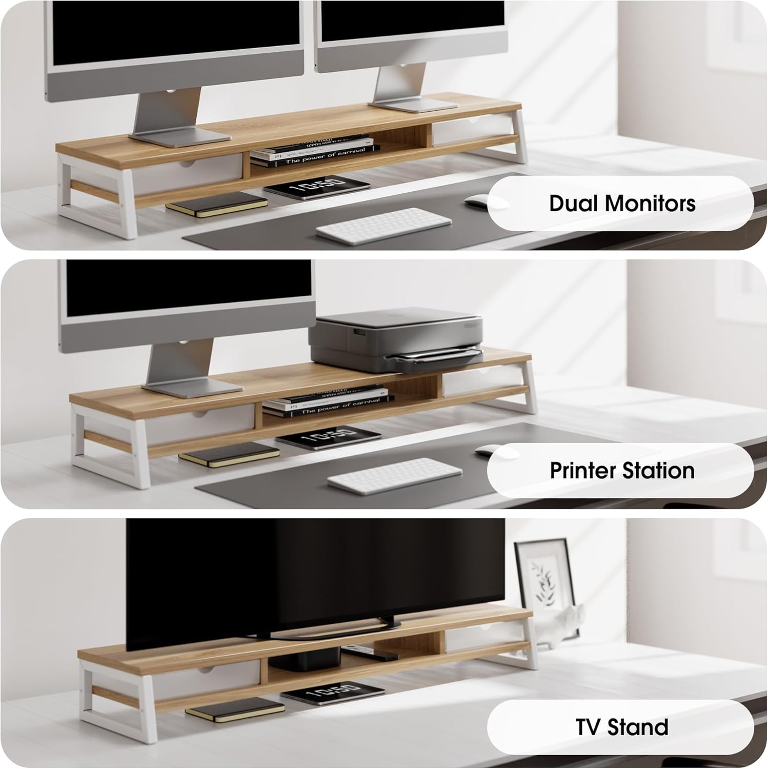 image:imageFenge Dual Monitor Stand Monitor Riser with Drawer 425 Inch Large Computer Monitor Stand for 2 Monitors 2 Tier Wooden Desk Shelf for Top of DeskDark Oak