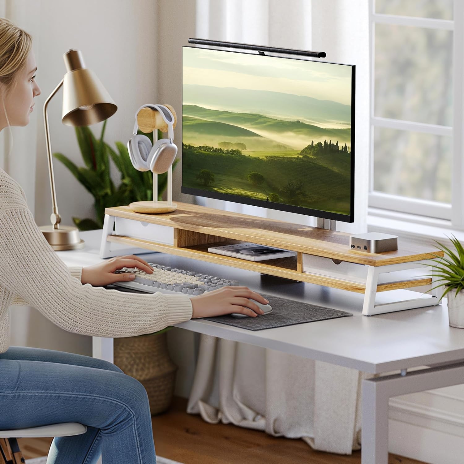 image:imageFenge Dual Monitor Stand Monitor Riser with Drawer 425 Inch Large Computer Monitor Stand for 2 Monitors 2 Tier Wooden Desk Shelf for Top of DeskDark Oak