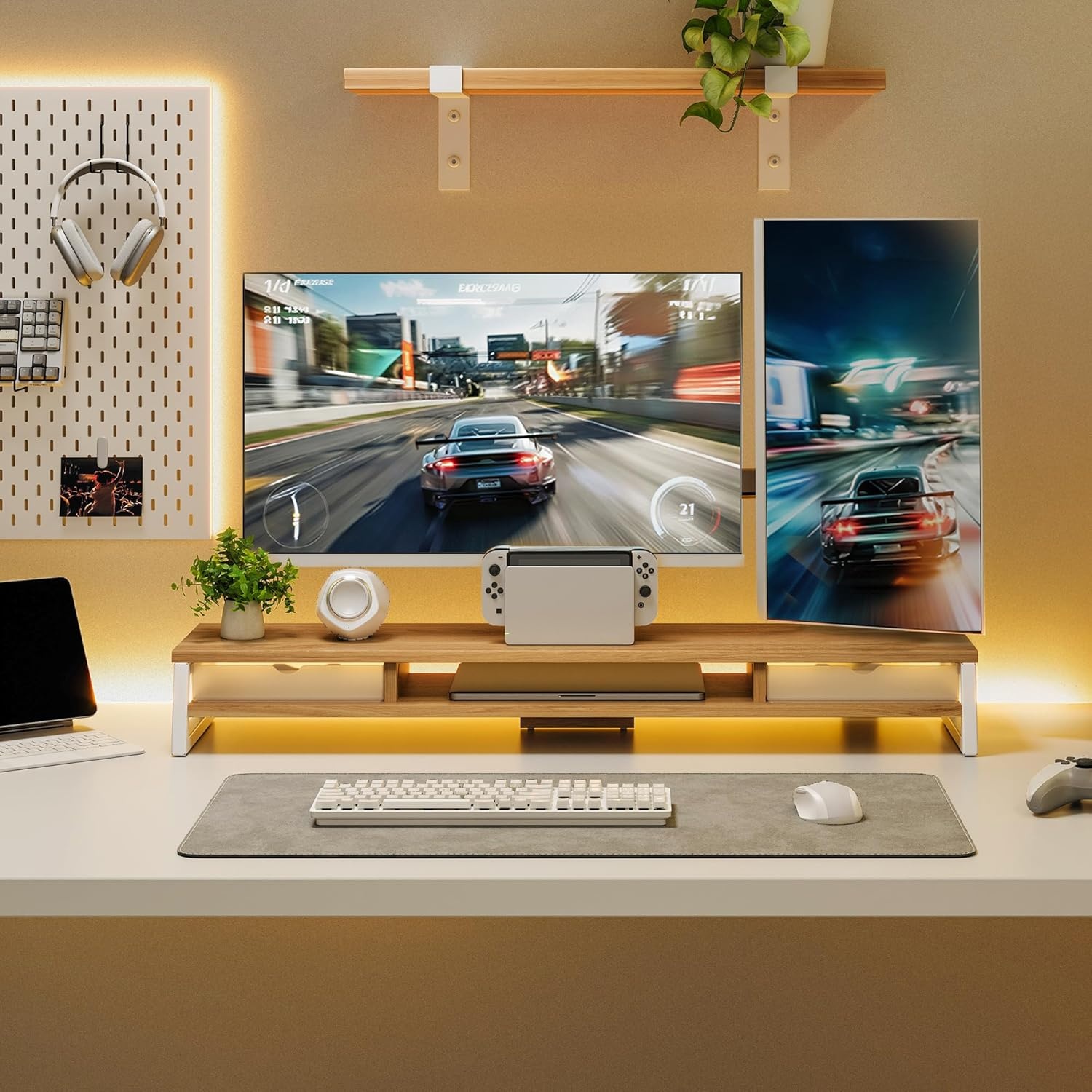 image:imageFenge Dual Monitor Stand Monitor Riser with Drawer 425 Inch Large Computer Monitor Stand for 2 Monitors 2 Tier Wooden Desk Shelf for Top of DeskDark Oak