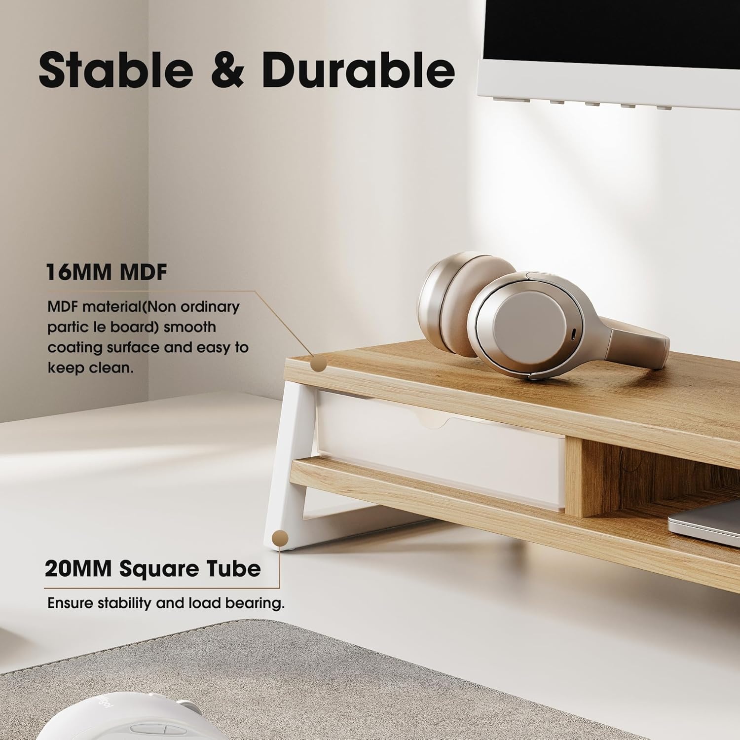 image:imageFenge Dual Monitor Stand Monitor Riser with Drawer 425 Inch Large Computer Monitor Stand for 2 Monitors 2 Tier Wooden Desk Shelf for Top of DeskDark Oak