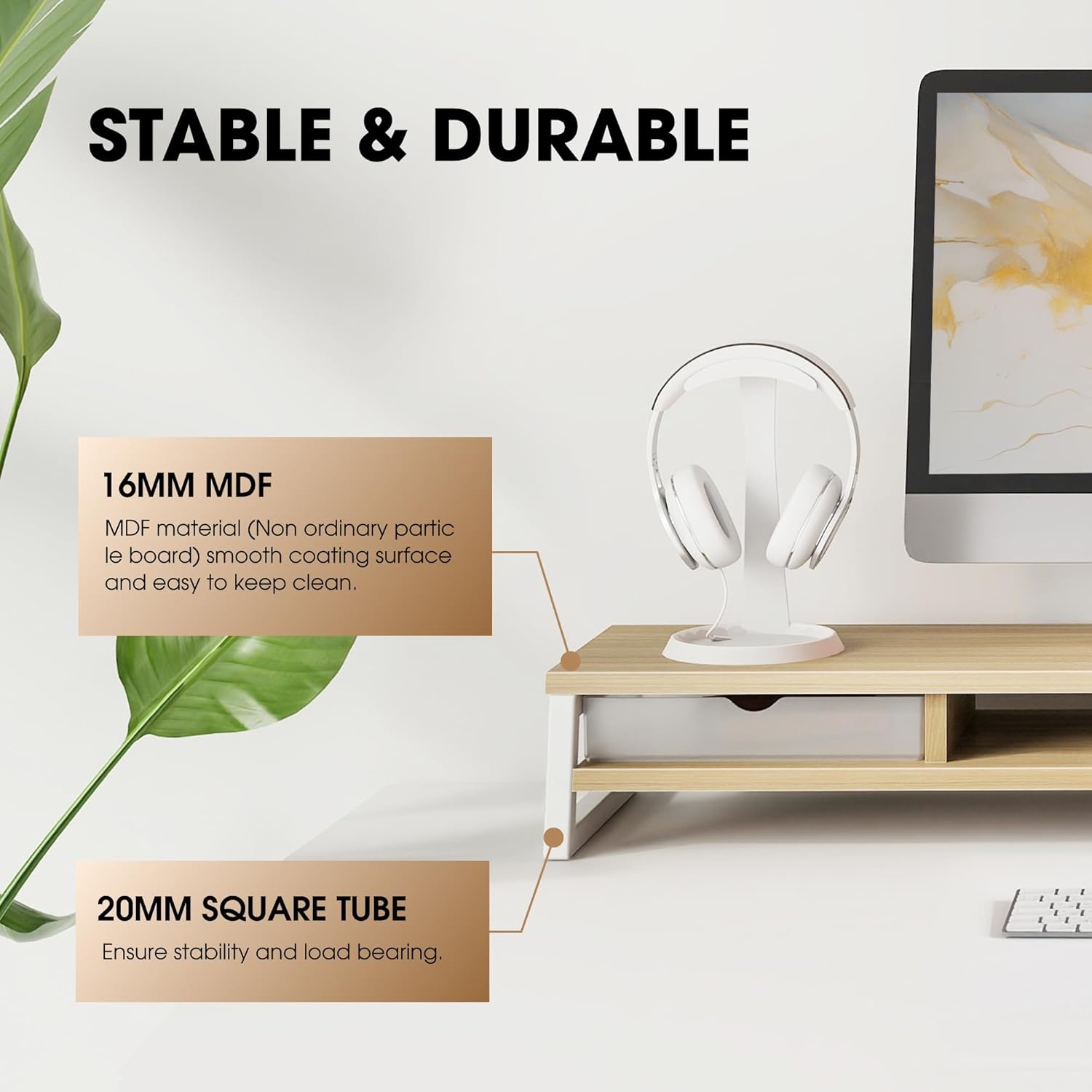 image:imageFenge Dual Monitor Stand Monitor Riser with Drawer 425 Inch Large Computer Monitor Stand for 2 Monitors 2 Tier Wooden Desk Shelf for Top of DeskOak