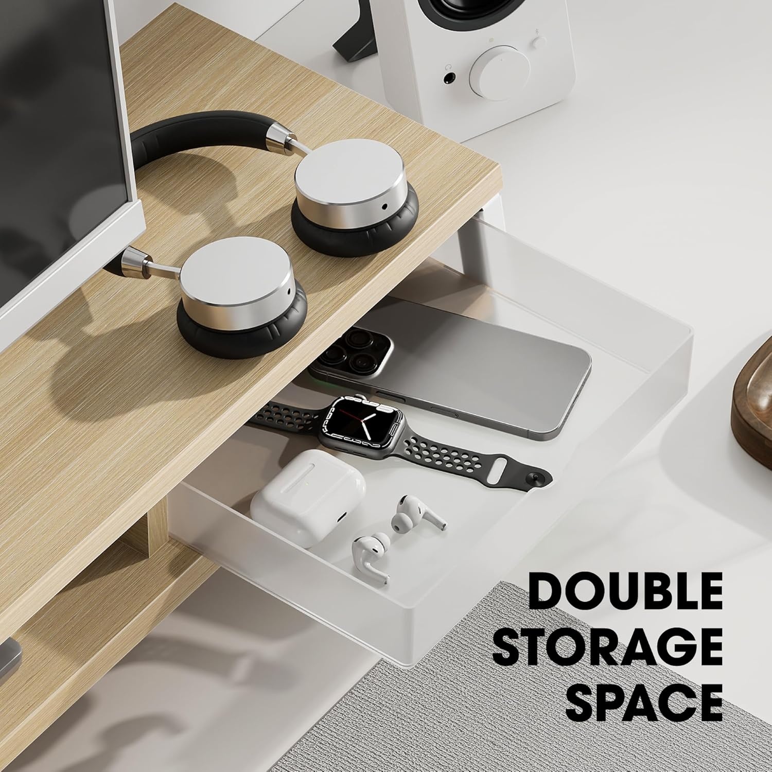 image:imageFenge Dual Monitor Stand Monitor Riser with Drawer 425 Inch Large Computer Monitor Stand for 2 Monitors 2 Tier Wooden Desk Shelf for Top of DeskOak