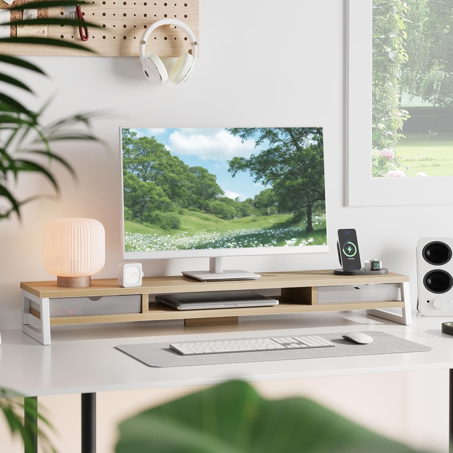 image:imageFenge Dual Monitor Stand Monitor Riser with Drawer 425 Inch Large Computer Monitor Stand for 2 Monitors 2 Tier Wooden Desk Shelf for Top of DeskOak