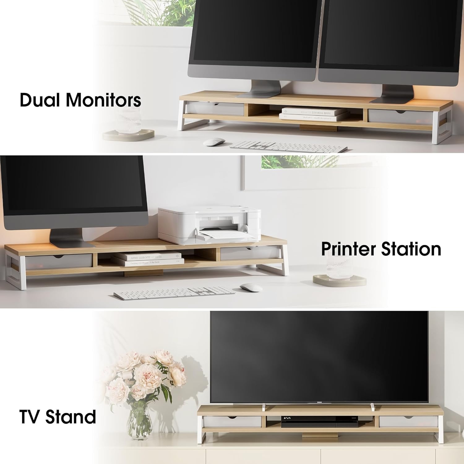image:imageFenge Dual Monitor Stand Monitor Riser with Drawer 425 Inch Large Computer Monitor Stand for 2 Monitors 2 Tier Wooden Desk Shelf for Top of DeskOak