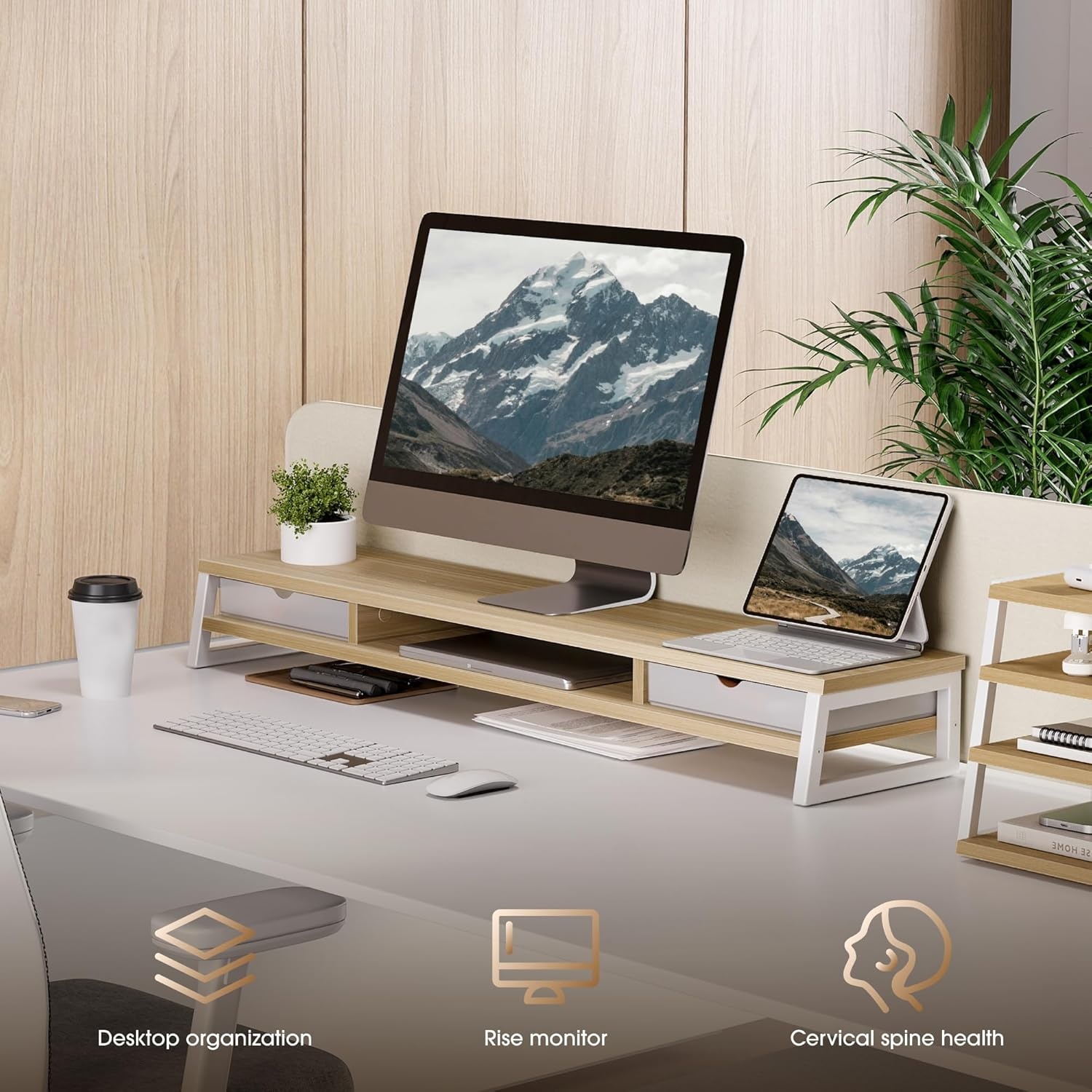 image:imageFenge Dual Monitor Stand Monitor Riser with Drawer 425 Inch Large Computer Monitor Stand for 2 Monitors 2 Tier Wooden Desk Shelf for Top of DeskOak