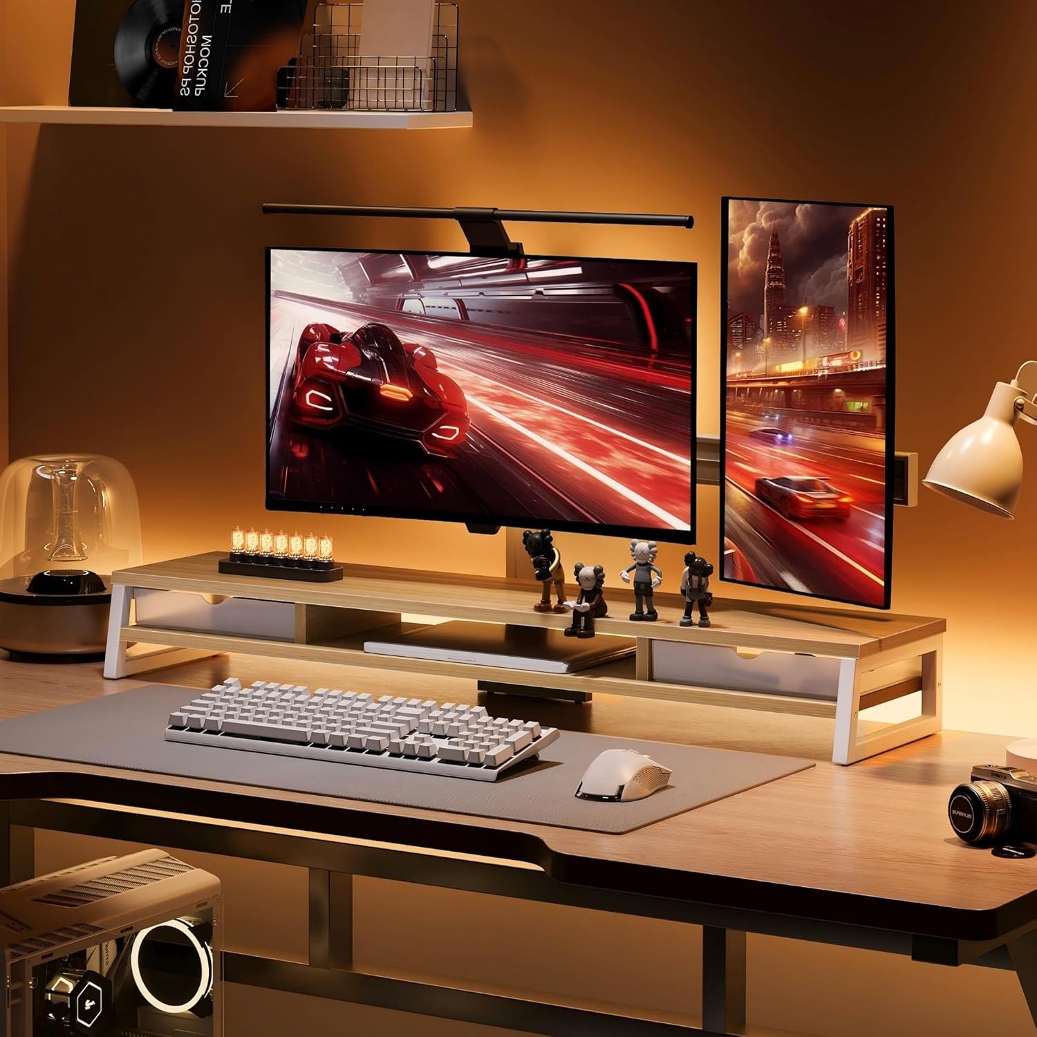 image:imageFenge Dual Monitor Stand Monitor Riser with Drawer 425 Inch Large Computer Monitor Stand for 2 Monitors 2 Tier Wooden Desk Shelf for Top of DeskOak