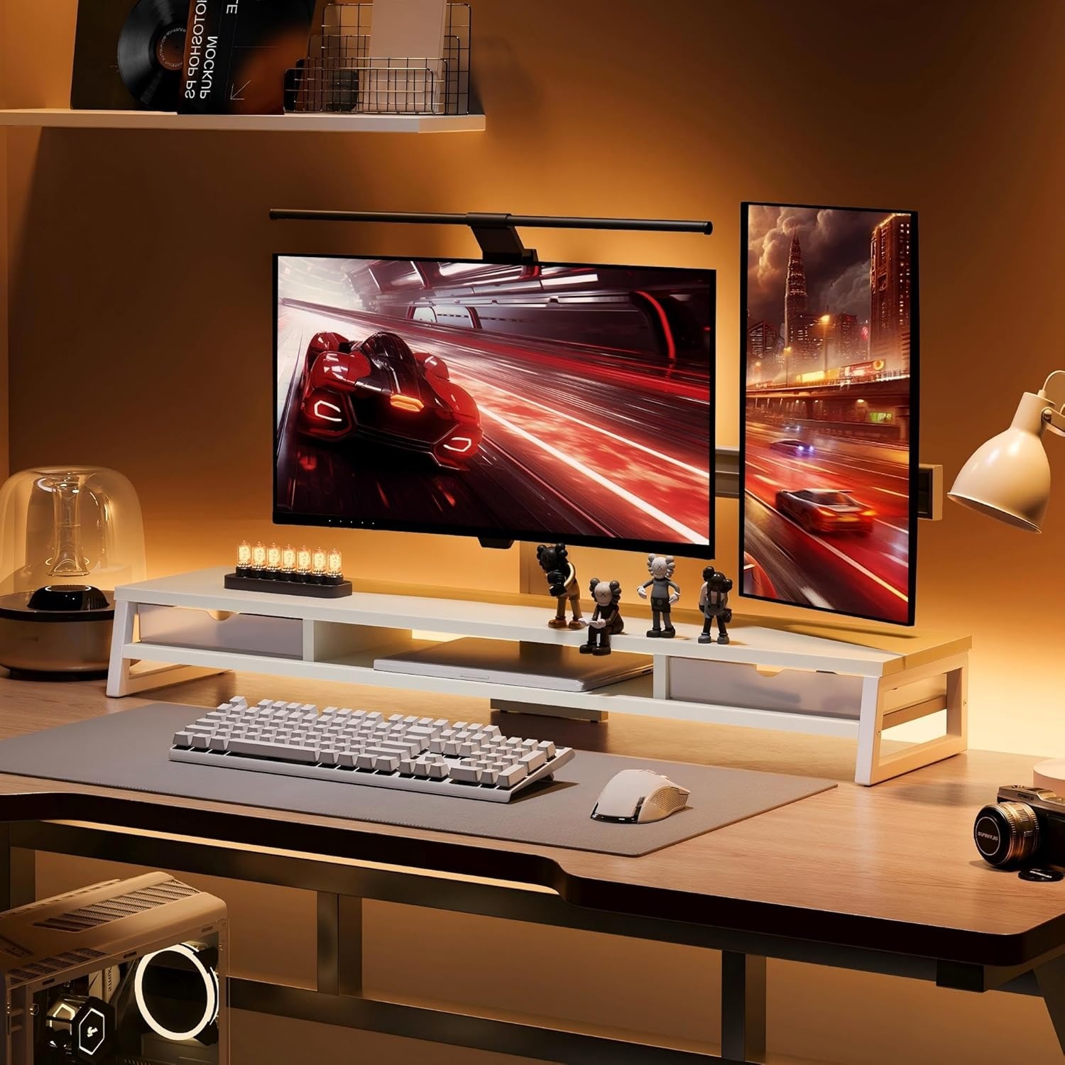 image:imageFenge Dual Monitor Stand Monitor Riser with Drawer 425 Inch Large Computer Monitor Stand for 2 Monitors 2 Tier Wooden Desk Shelf for Top of DeskWhite