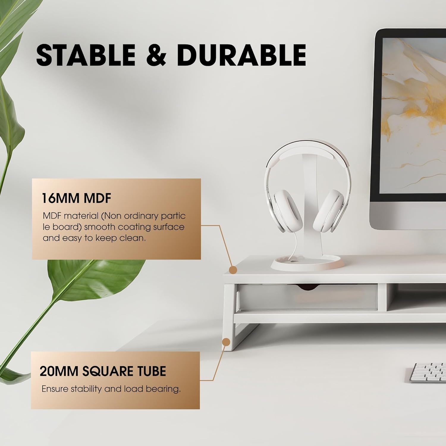 image:imageFenge Dual Monitor Stand Monitor Riser with Drawer 425 Inch Large Computer Monitor Stand for 2 Monitors 2 Tier Wooden Desk Shelf for Top of DeskWhite