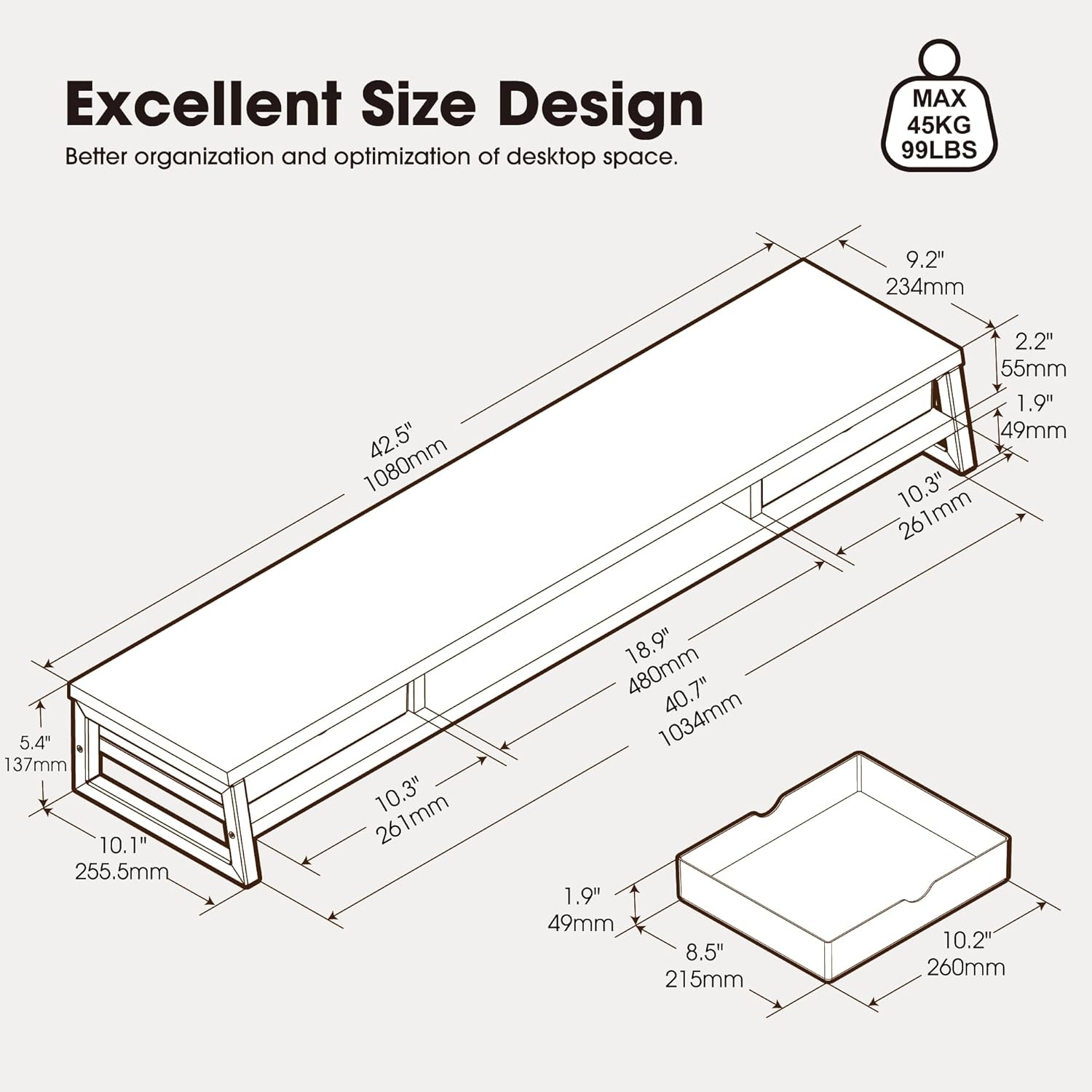 image:imageFenge Dual Monitor Stand Monitor Riser with Drawer 425 Inch Large Computer Monitor Stand for 2 Monitors 2 Tier Wooden Desk Shelf for Top of DeskWhite