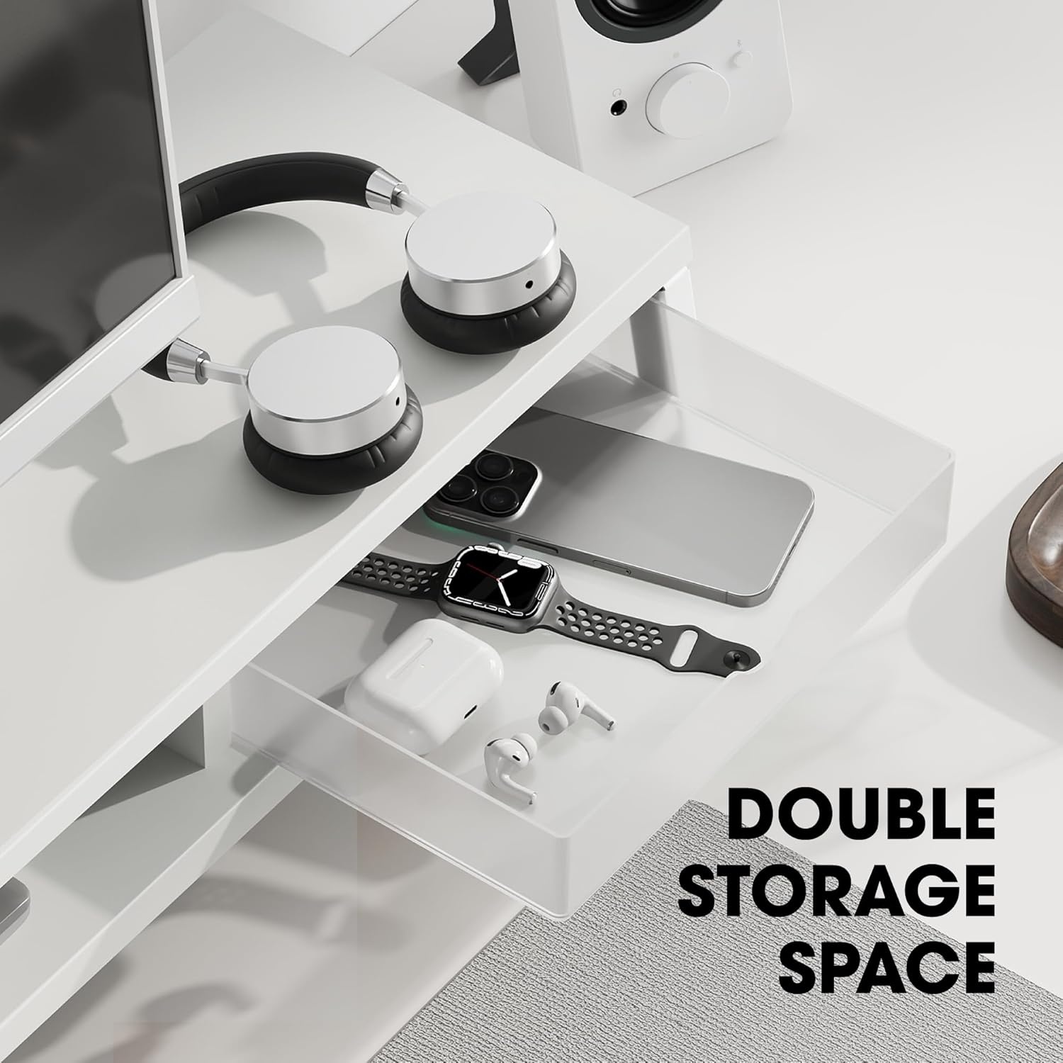 image:imageFenge Dual Monitor Stand Monitor Riser with Drawer 425 Inch Large Computer Monitor Stand for 2 Monitors 2 Tier Wooden Desk Shelf for Top of DeskWhite