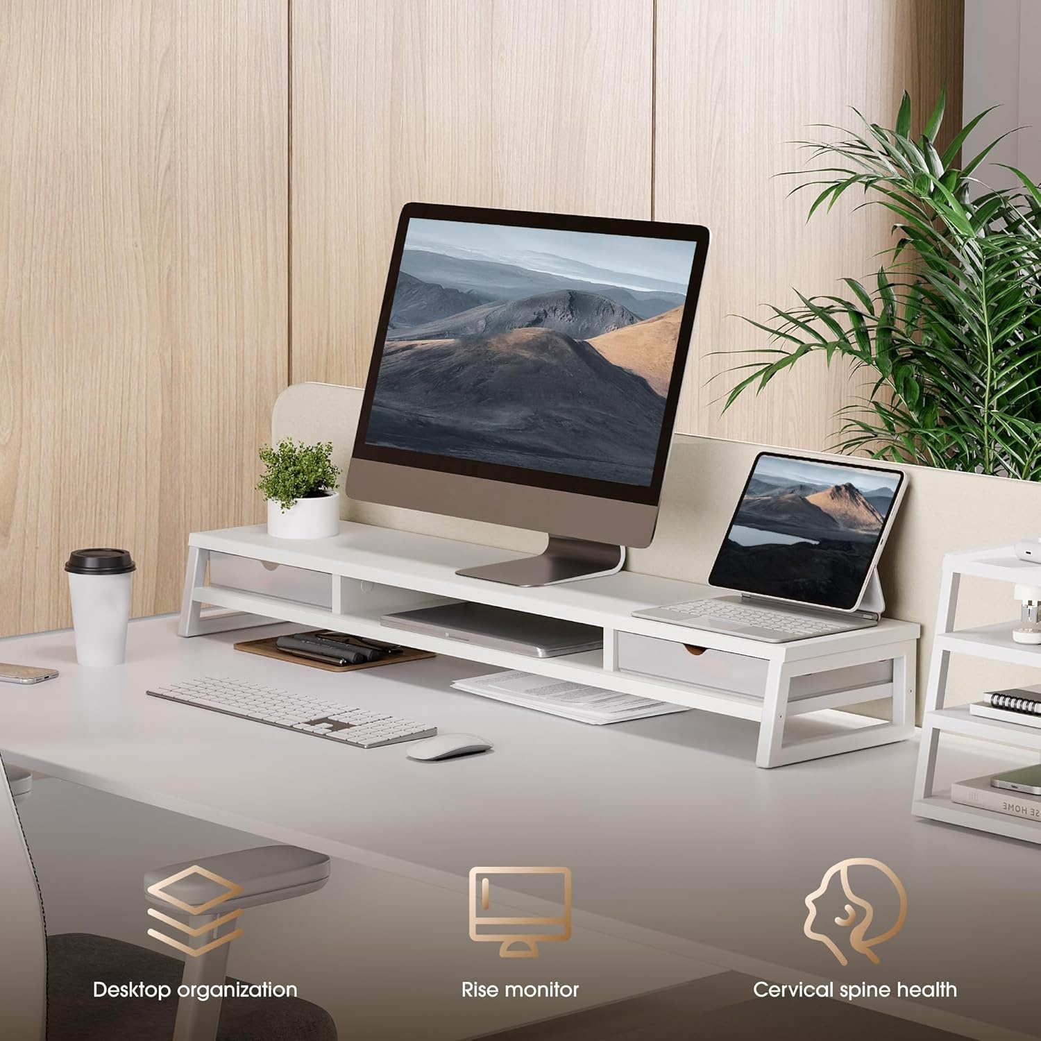 image:imageFenge Dual Monitor Stand Monitor Riser with Drawer 425 Inch Large Computer Monitor Stand for 2 Monitors 2 Tier Wooden Desk Shelf for Top of DeskWhite