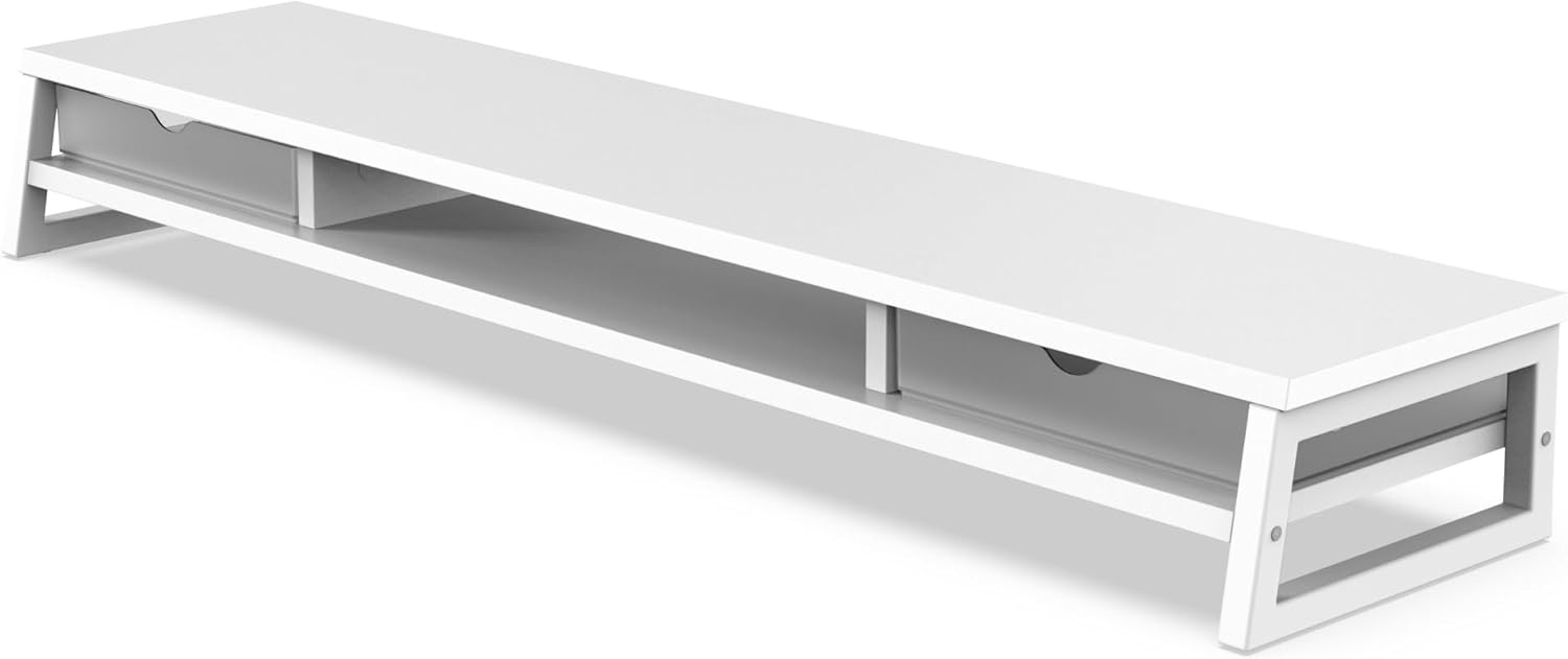 image:imageFenge Dual Monitor Stand Monitor Riser with Drawer 425 Inch Large Computer Monitor Stand for 2 Monitors 2 Tier Wooden Desk Shelf for Top of DeskWhite