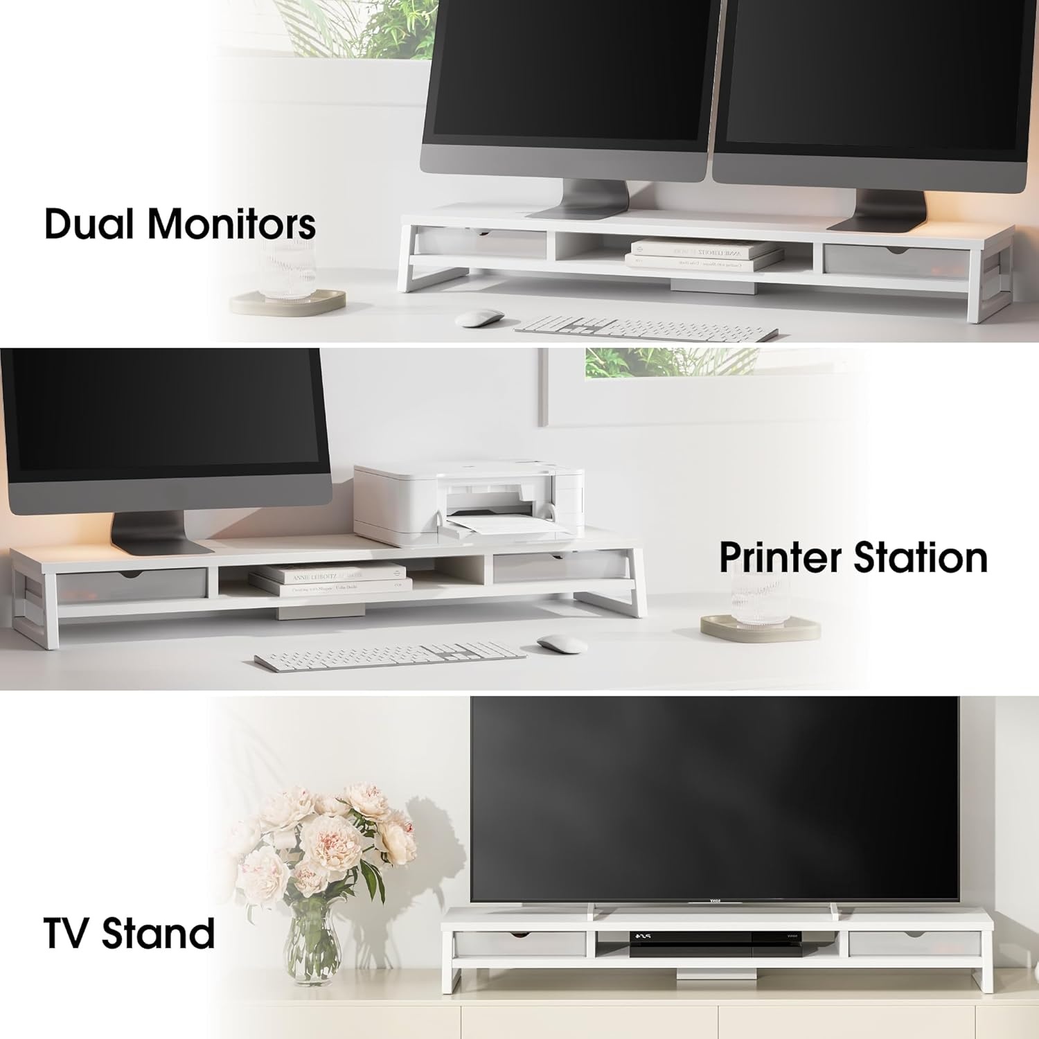image:imageFenge Dual Monitor Stand Monitor Riser with Drawer 425 Inch Large Computer Monitor Stand for 2 Monitors 2 Tier Wooden Desk Shelf for Top of DeskWhite1
