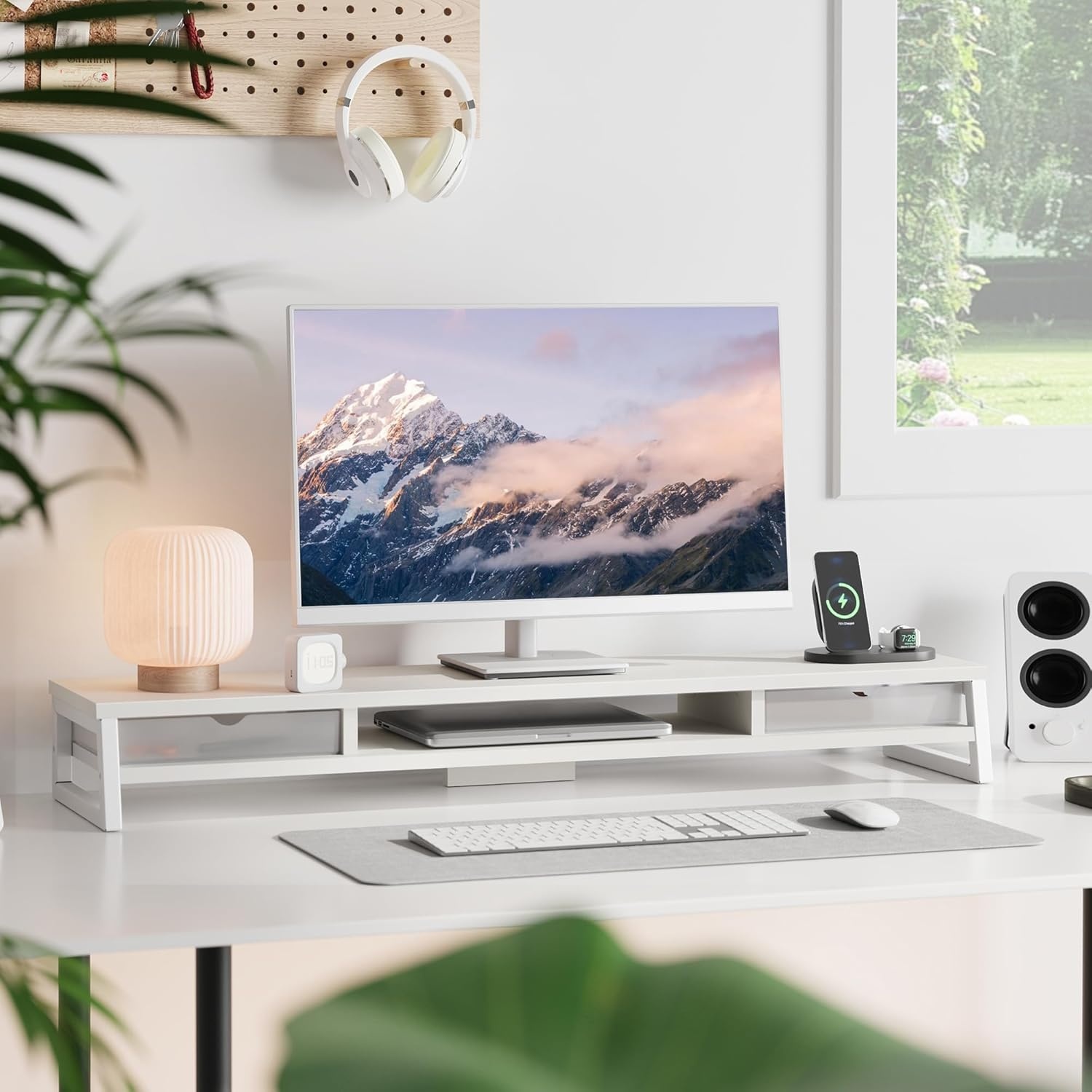 image:imageFenge Dual Monitor Stand Monitor Riser with Drawer 425 Inch Large Computer Monitor Stand for 2 Monitors 2 Tier Wooden Desk Shelf for Top of DeskWhite1