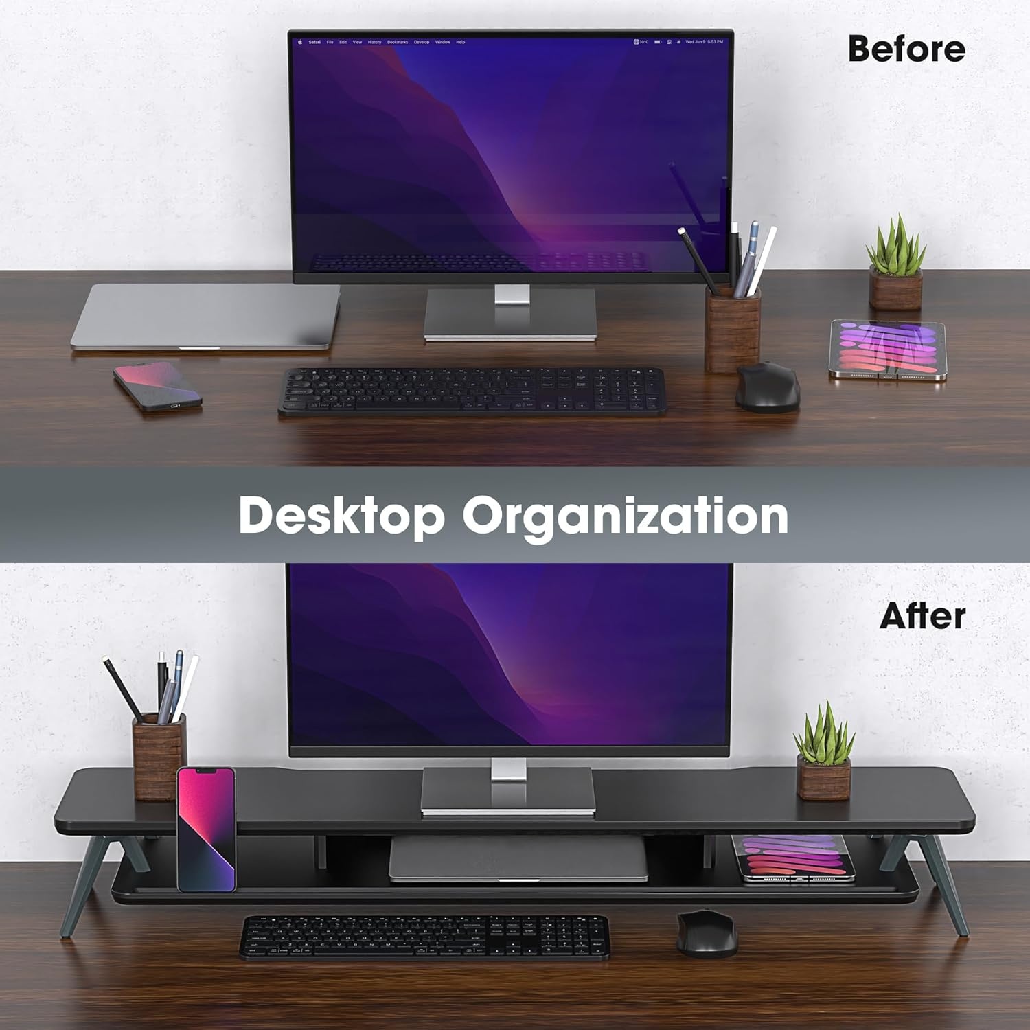 image:imageFenge Dual Monitor Stand Monitor Stands Riser for 2 monitors 425 Inch Wood Desk Shelf with Storage Organizer and Cable Management for Office Desk AccessoriesBlack