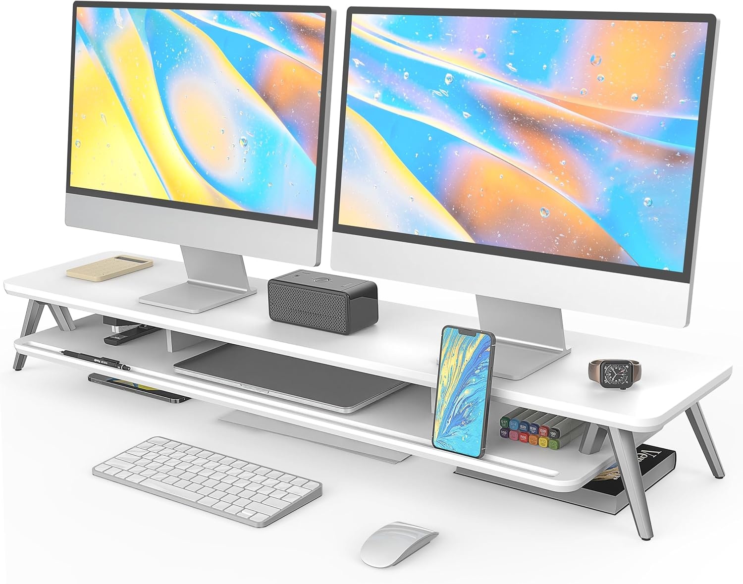 image:imageFenge Dual Monitor Stand Monitor Stands Riser for 2 monitors 425 Inch Wood Desk Shelf with Storage Organizer and Cable Management for Office Desk AccessoriesWhite