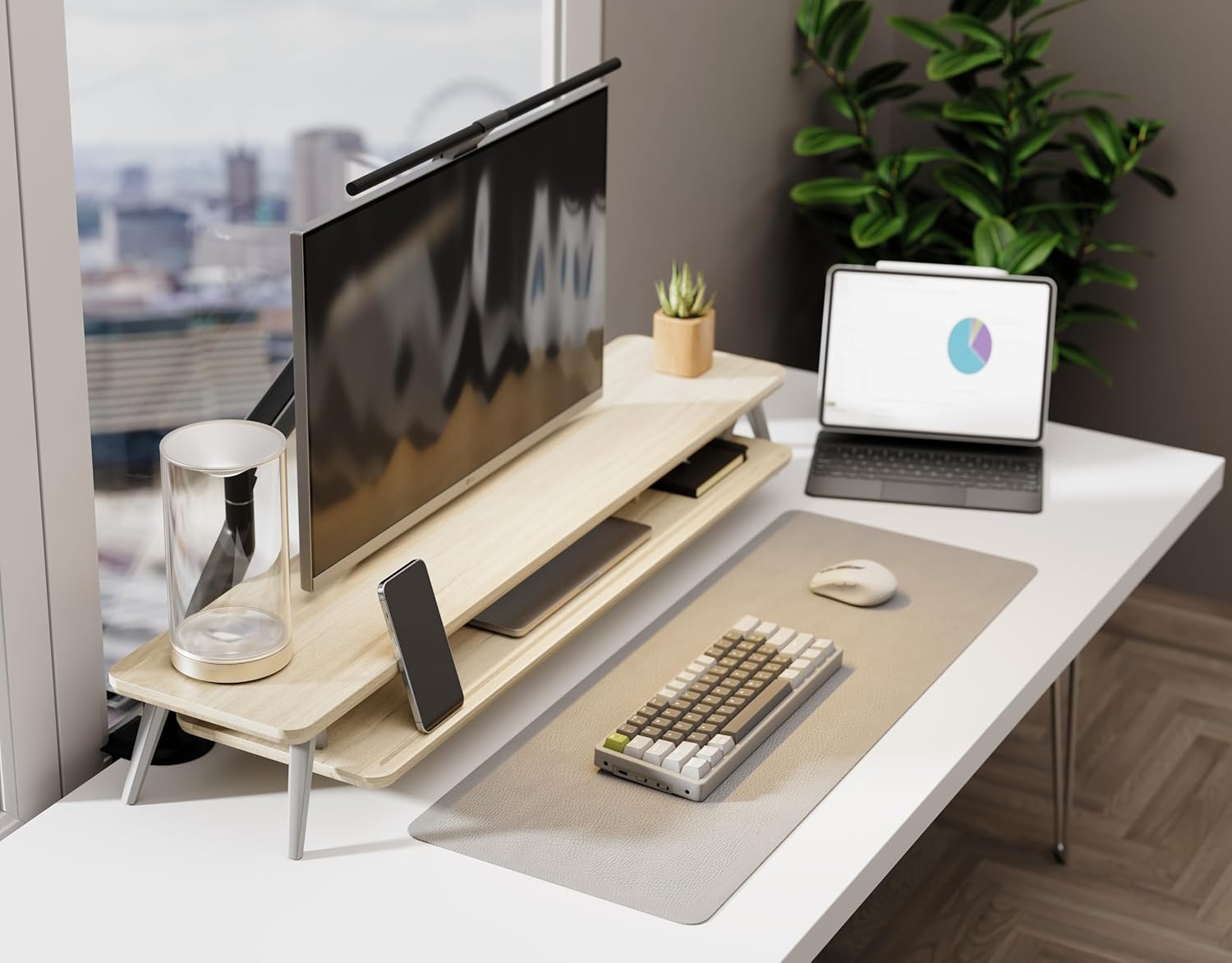 image:imageFenge Dual Monitor Stand Monitor Stands Riser for 2 monitors 425 Inch Wood Desk Shelf with Storage Organizer and Cable Management for Office Desk AccessoriesOak