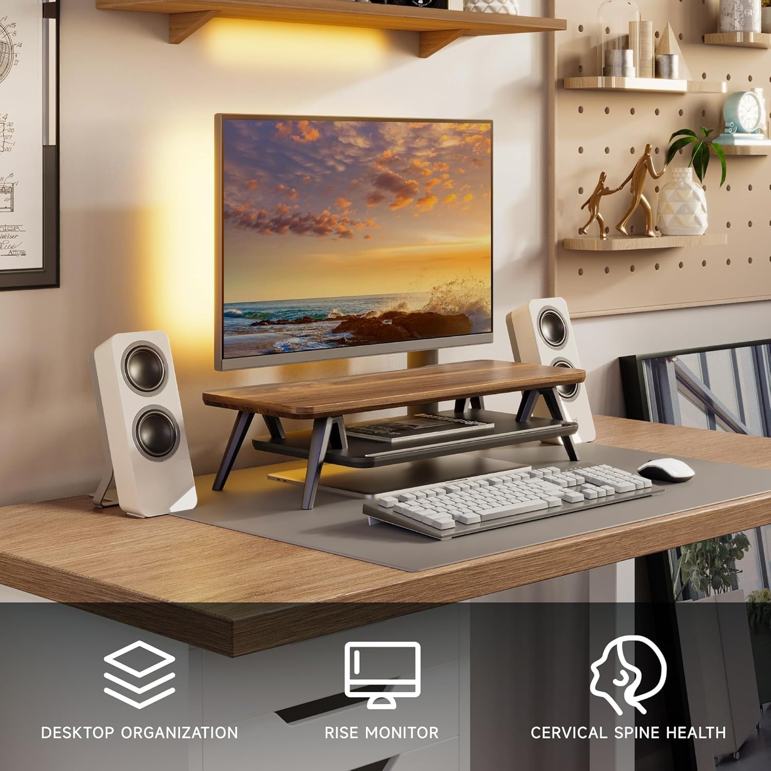 image:imageFenge Dual Monitor Stand Monitor Stands Riser for 2 monitors 425 Inch Wood Desk Shelf with Storage Organizer and Cable Management for Office Desk AccessoriesWalnut
