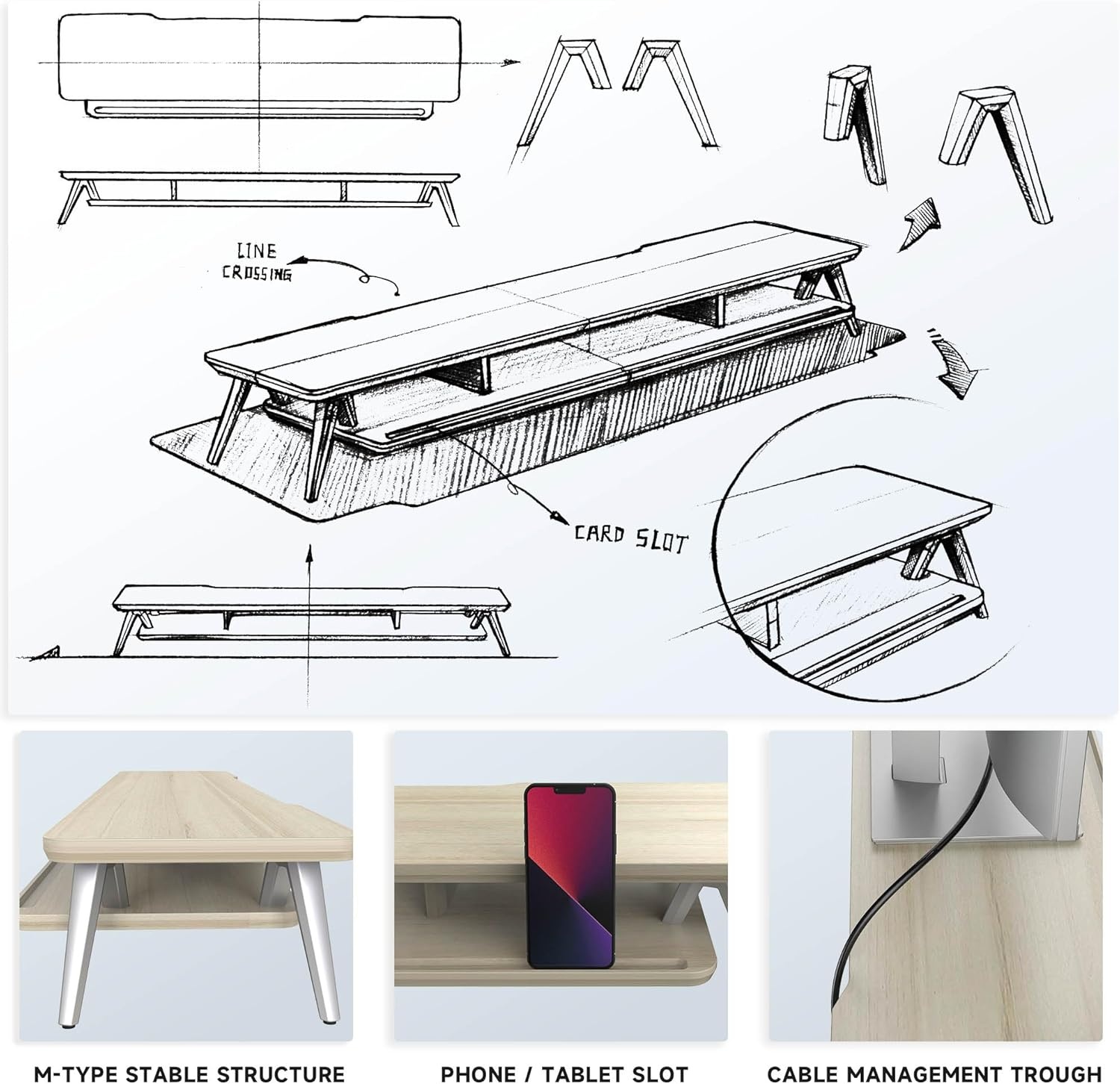 image:imageFenge Dual Monitor Stand Monitor Stands Riser for 2 monitors 425 Inch Wood Desk Shelf with Storage Organizer and Cable Management for Office Desk AccessoriesOak