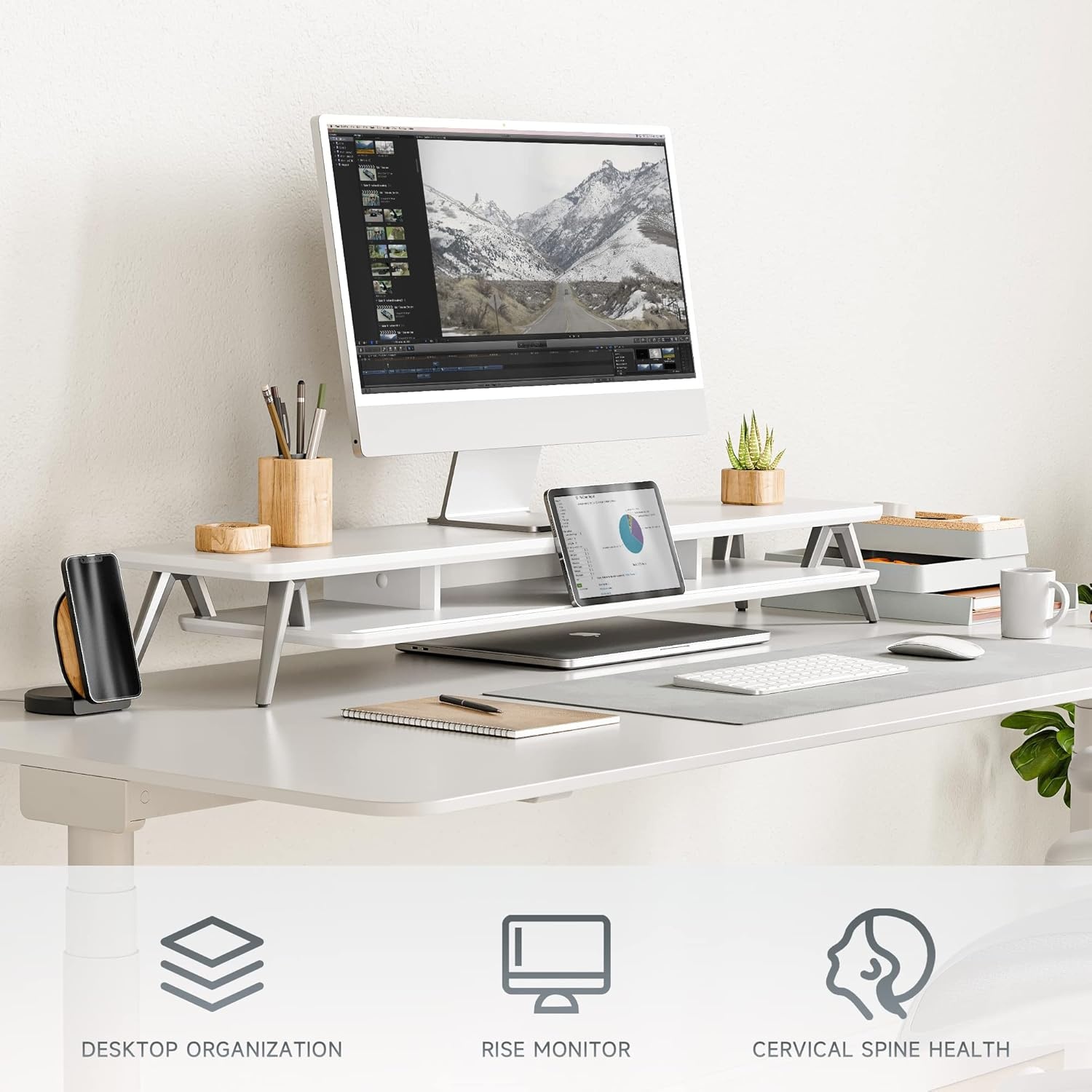 image:imageFenge Dual Monitor Stand Monitor Stands Riser for 2 monitors 425 Inch Wood Desk Shelf with Storage Organizer and Cable Management for Office Desk AccessoriesWhite