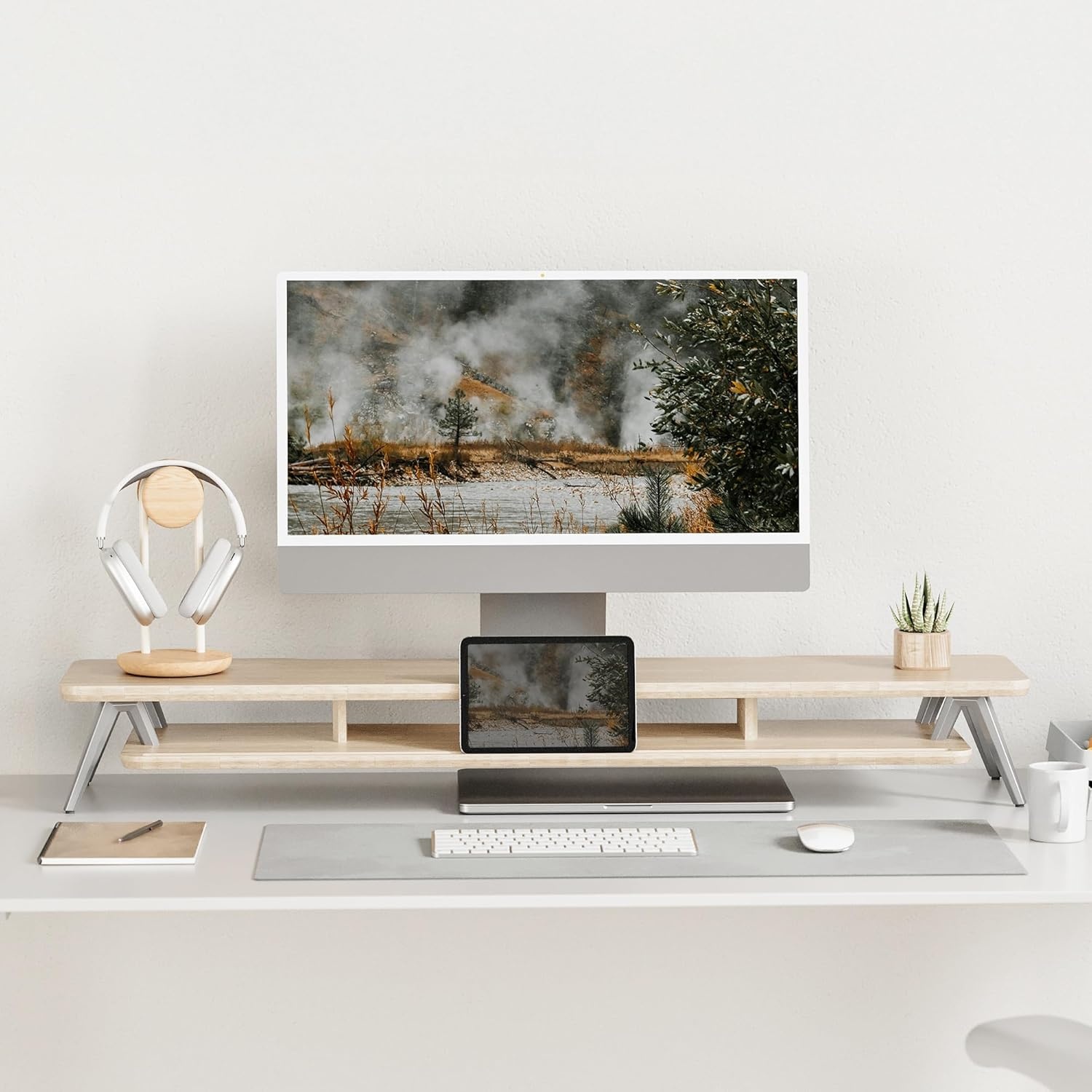 image:imageFenge Dual Monitor Stand Monitor Stands Riser for 2 monitors 425 Inch Wood Desk Shelf with Storage Organizer and Cable Management for Office Desk AccessoriesOak