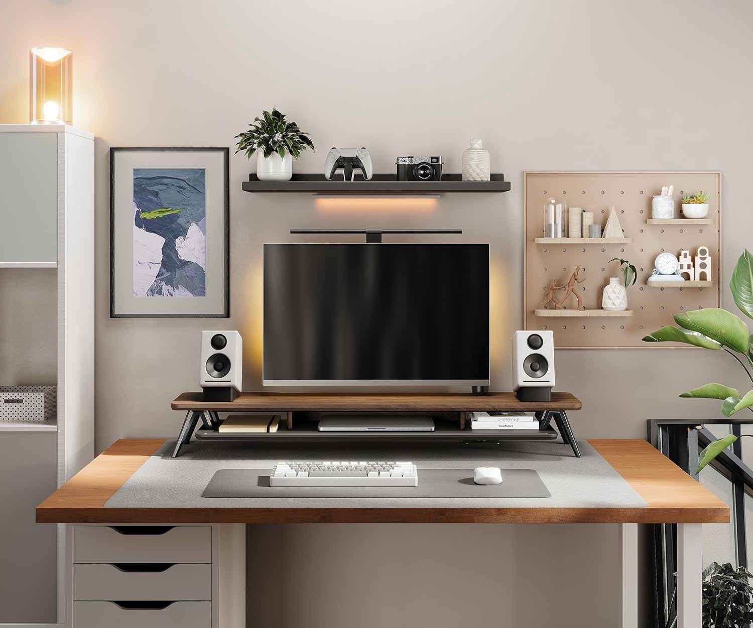 image:imageFenge Dual Monitor Stand Monitor Stands Riser for 2 monitors 425 Inch Wood Desk Shelf with Storage Organizer and Cable Management for Office Desk AccessoriesWalnut