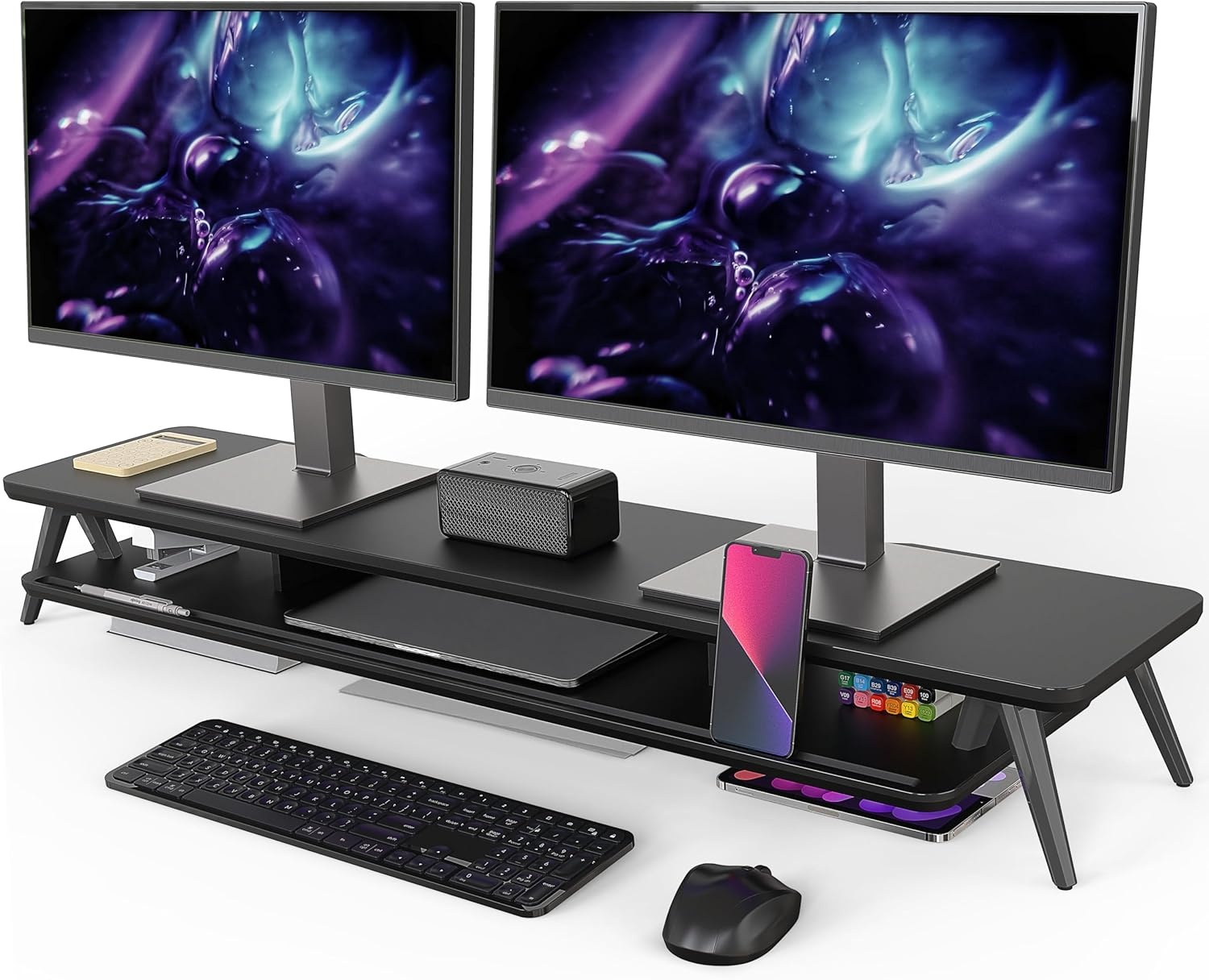 image:imageFenge Dual Monitor Stand Monitor Stands Riser for 2 monitors 425 Inch Wood Desk Shelf with Storage Organizer and Cable Management for Office Desk AccessoriesBlack