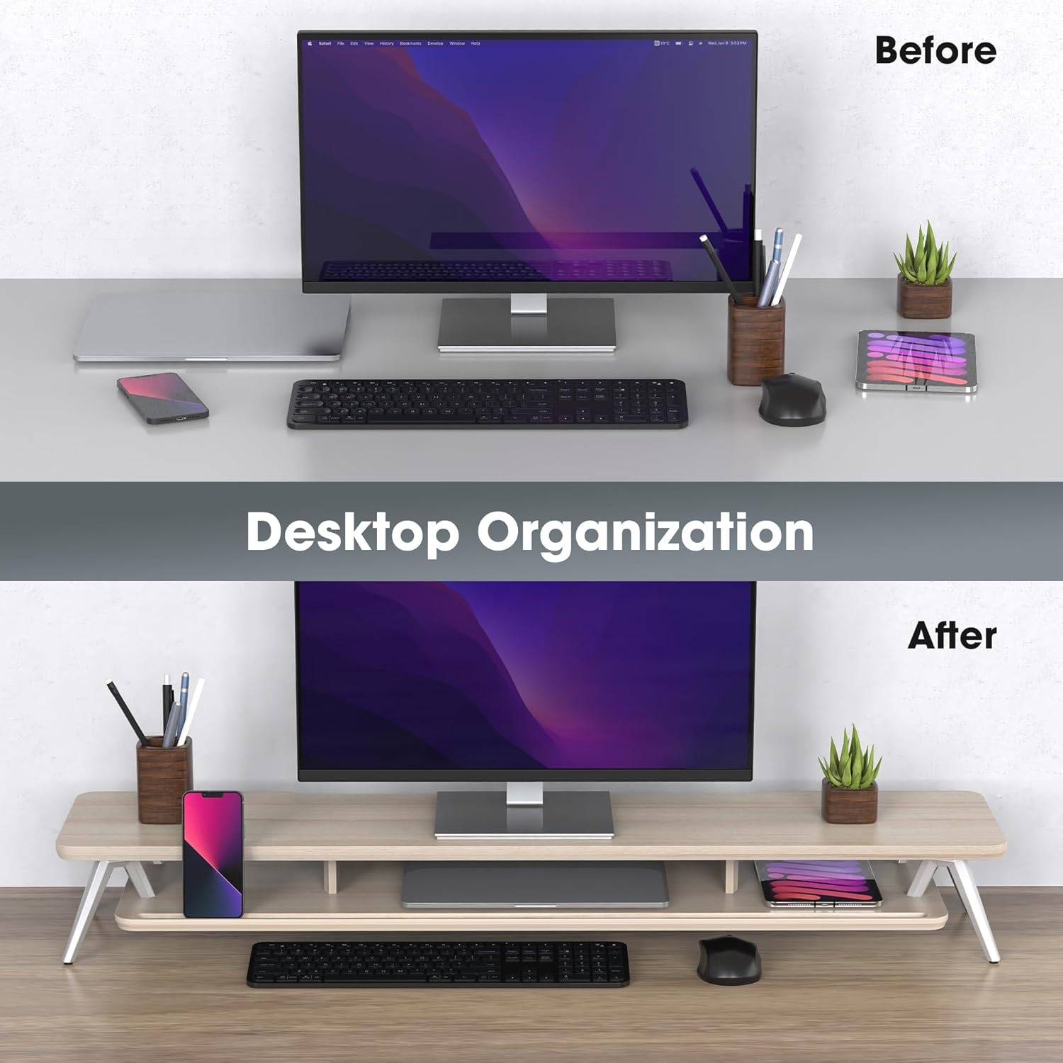 image:imageFenge Dual Monitor Stand Monitor Stands Riser for 2 monitors 425 Inch Wood Desk Shelf with Storage Organizer and Cable Management for Office Desk AccessoriesOak