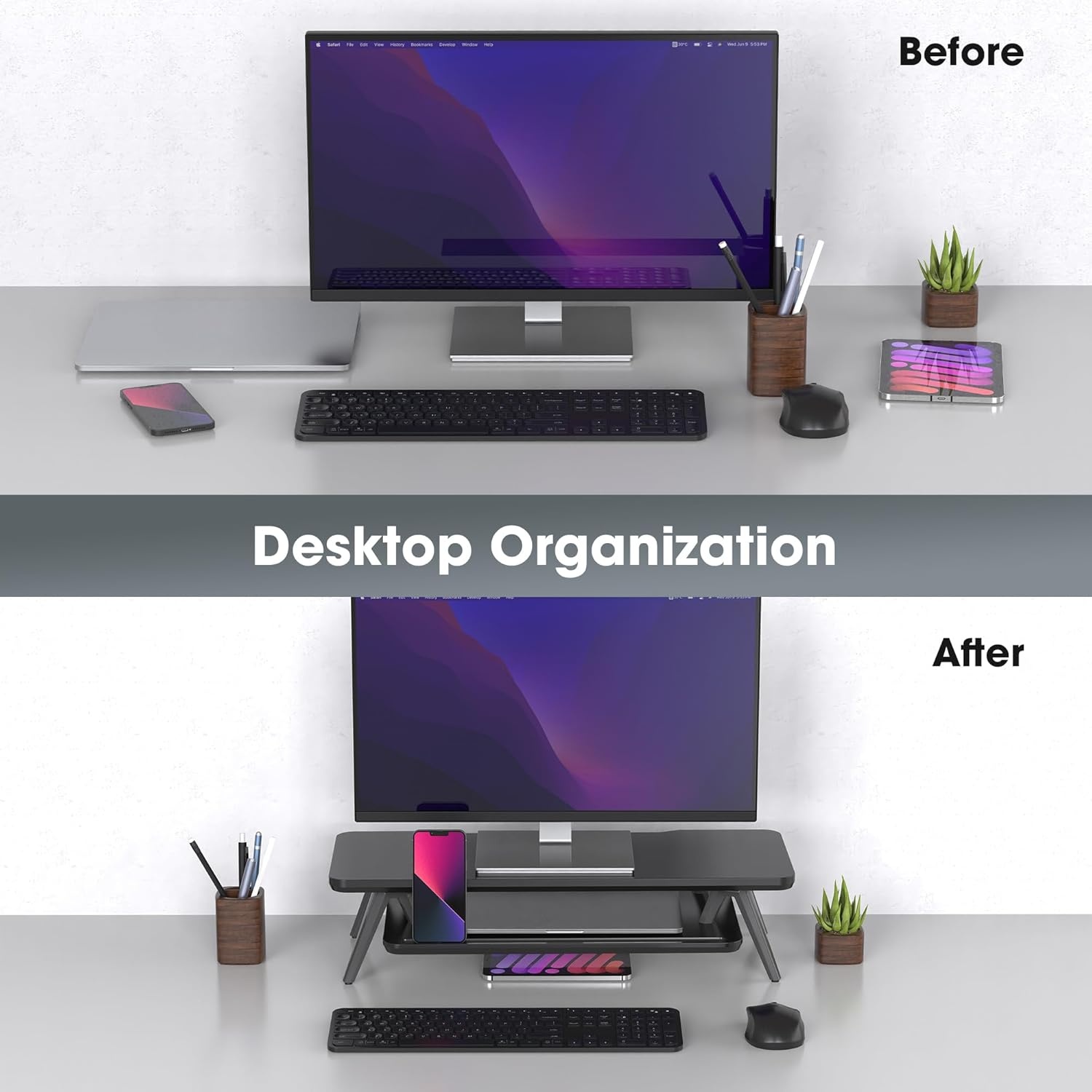 image:imageFenge Dual Monitor Stand Monitor Stands Riser for 2 monitors 425 Inch Wood Desk Shelf with Storage Organizer and Cable Management for Office Desk AccessoriesBlack