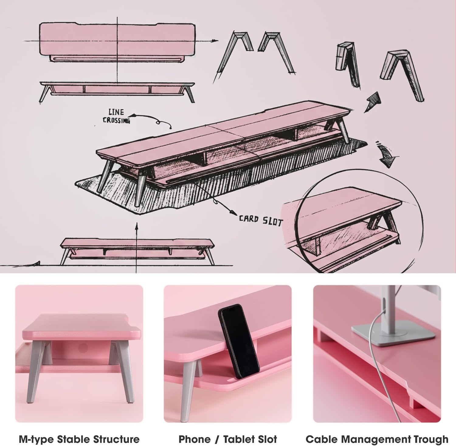 image:imageFenge Dual Monitor Stand Monitor Stands Riser for 2 monitors 425 Inch Wood Desk Shelf with Storage Organizer and Cable Management for Office Desk AccessoriesPink