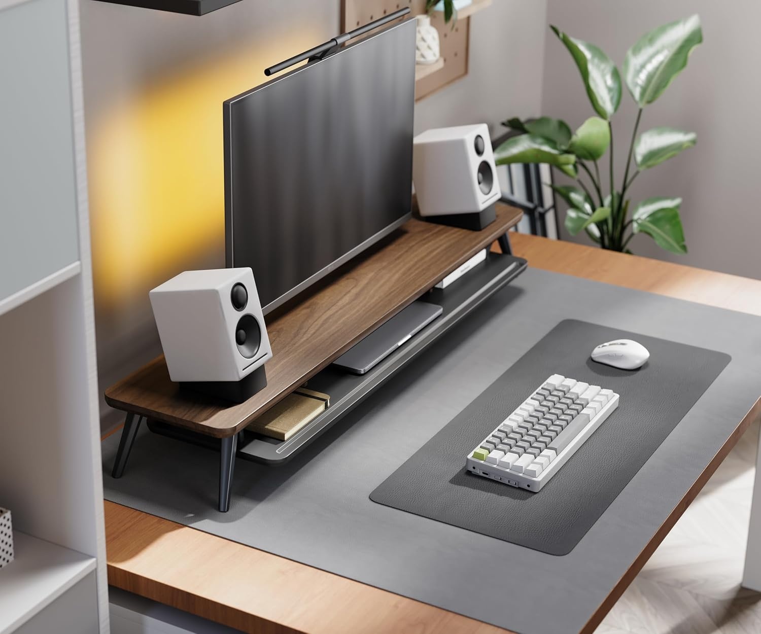 image:imageFenge Dual Monitor Stand Monitor Stands Riser for 2 monitors 425 Inch Wood Desk Shelf with Storage Organizer and Cable Management for Office Desk AccessoriesWalnut