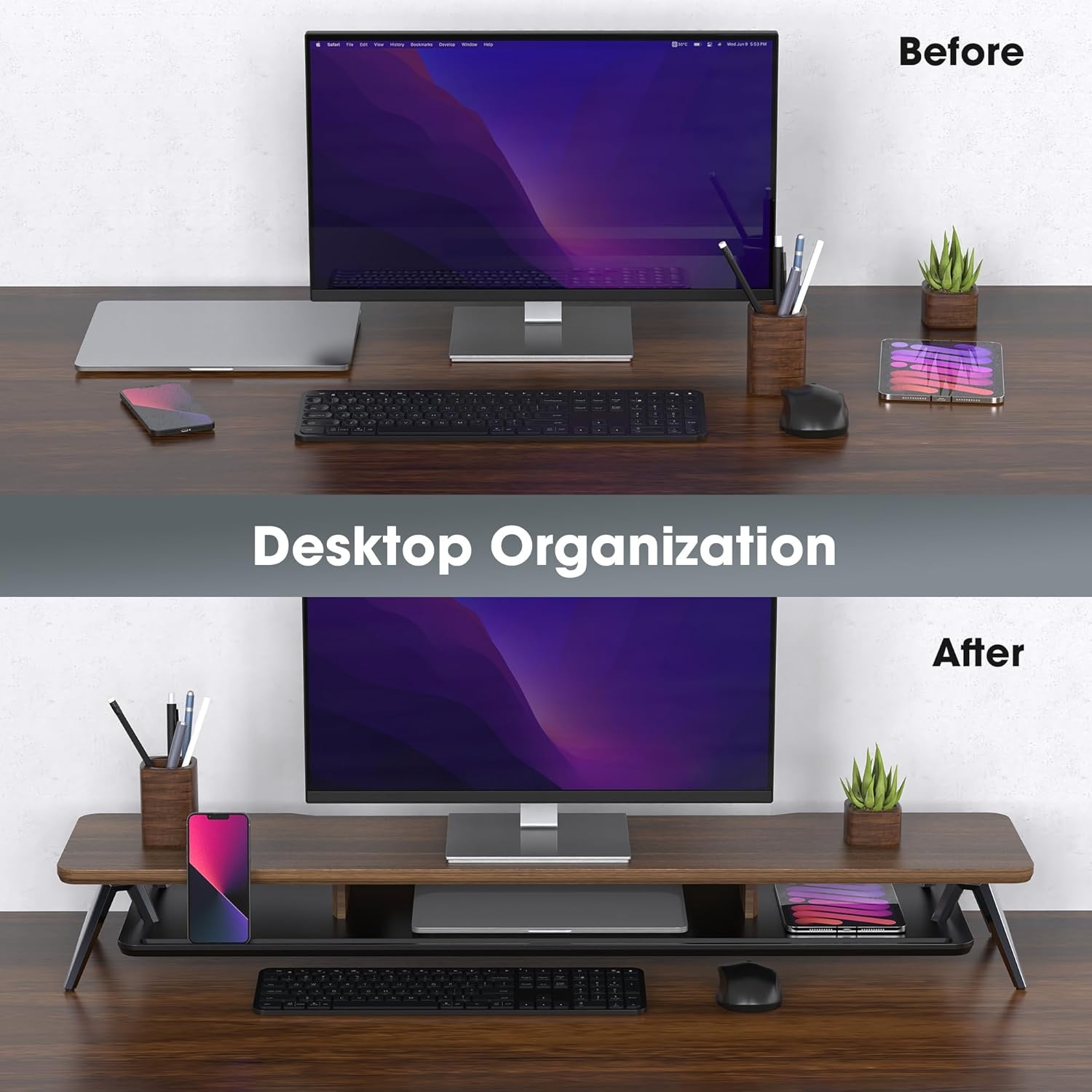 image:imageFenge Dual Monitor Stand Monitor Stands Riser for 2 monitors 425 Inch Wood Desk Shelf with Storage Organizer and Cable Management for Office Desk AccessoriesWalnut