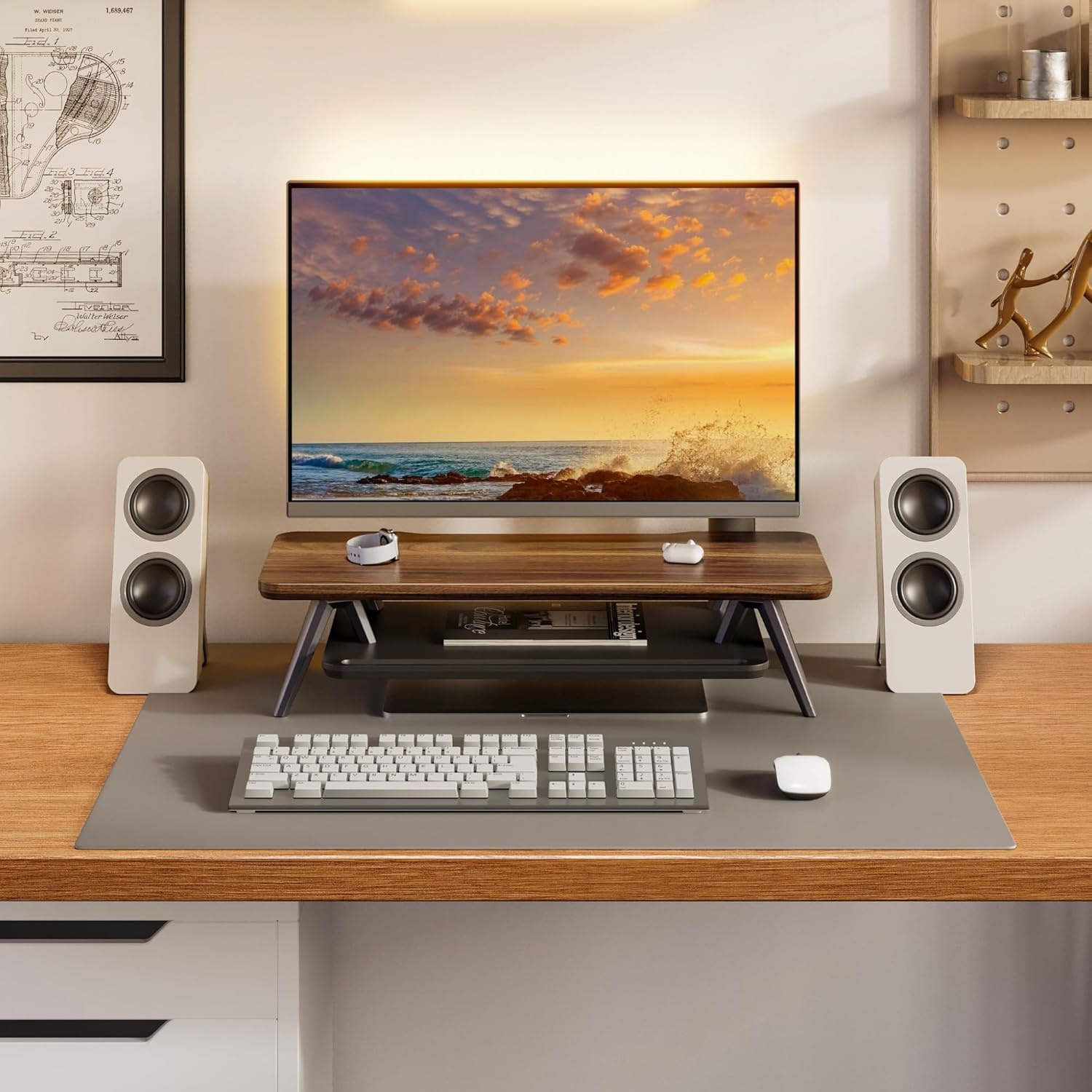 image:imageFenge Dual Monitor Stand Monitor Stands Riser for 2 monitors 425 Inch Wood Desk Shelf with Storage Organizer and Cable Management for Office Desk AccessoriesWalnut