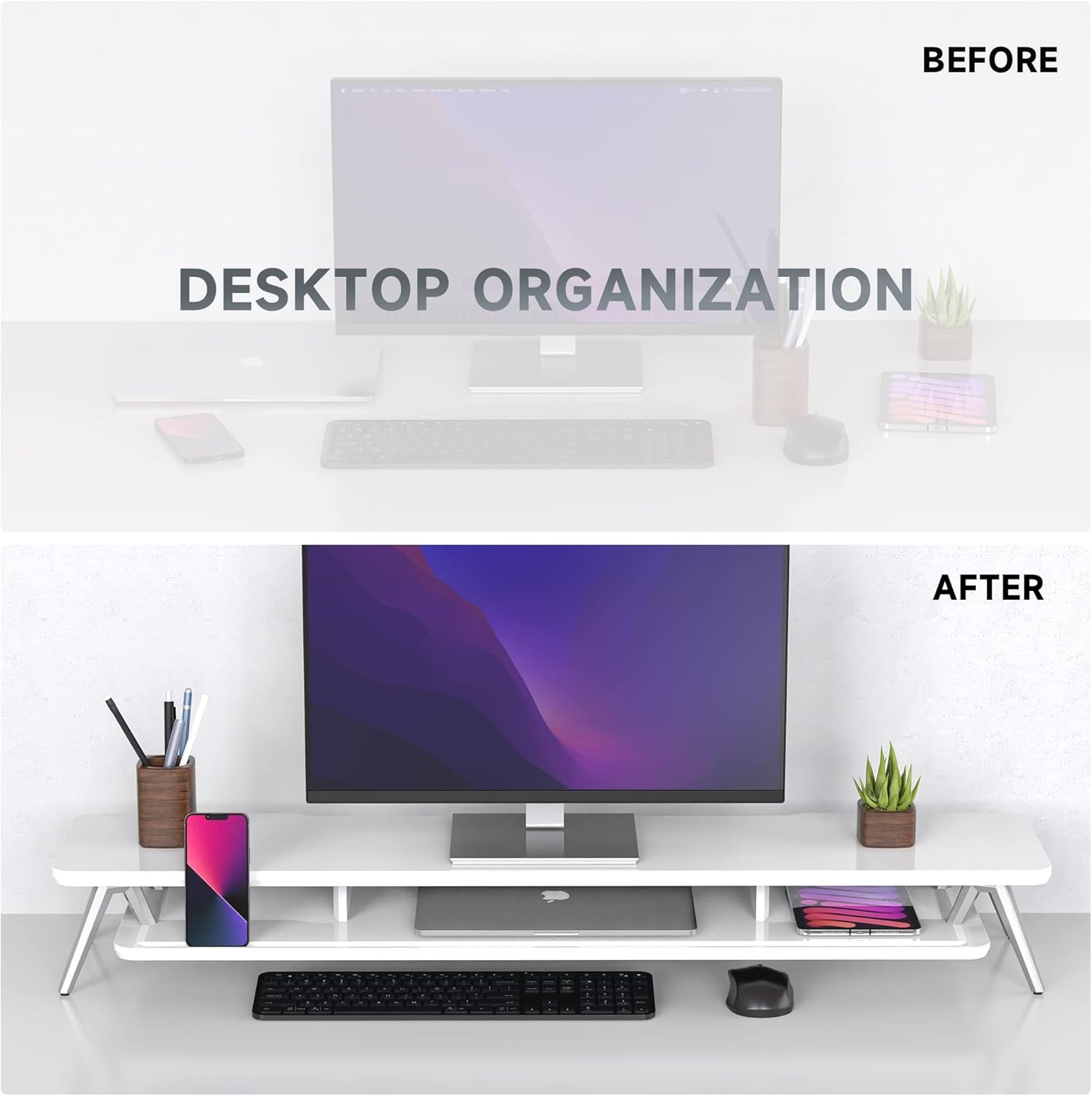image:imageFenge Dual Monitor Stand Monitor Stands Riser for 2 monitors 425 Inch Wood Desk Shelf with Storage Organizer and Cable Management for Office Desk AccessoriesWhite
