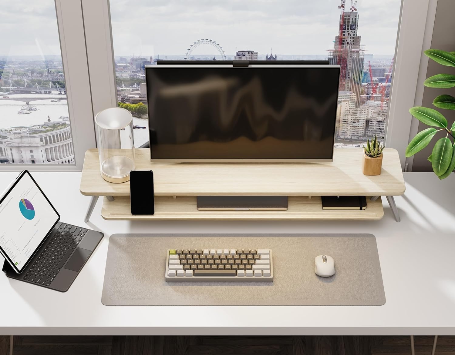 image:imageFenge Dual Monitor Stand Monitor Stands Riser for 2 monitors 425 Inch Wood Desk Shelf with Storage Organizer and Cable Management for Office Desk AccessoriesOak