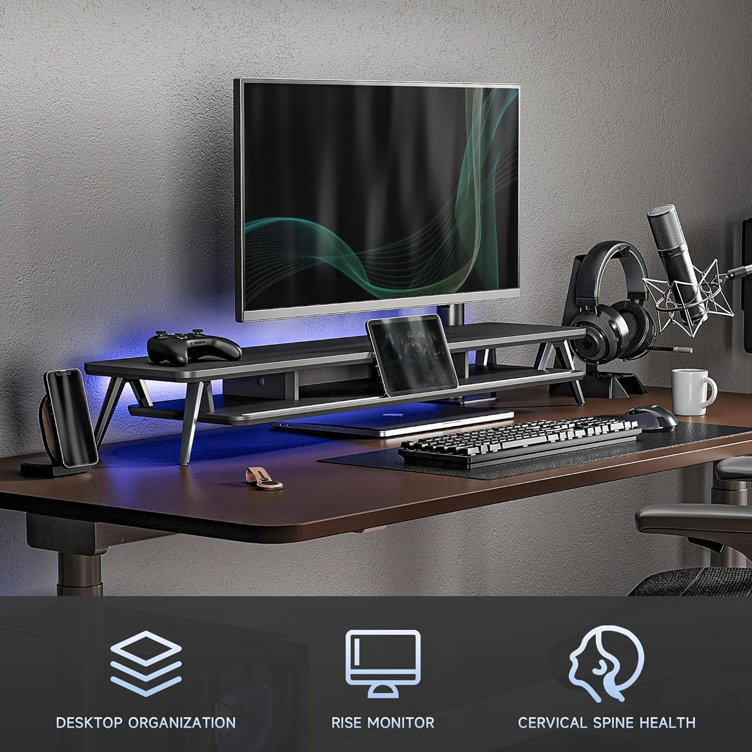 image:imageFenge Dual Monitor Stand Monitor Stands Riser for 2 monitors 425 Inch Wood Desk Shelf with Storage Organizer and Cable Management for Office Desk AccessoriesBlack