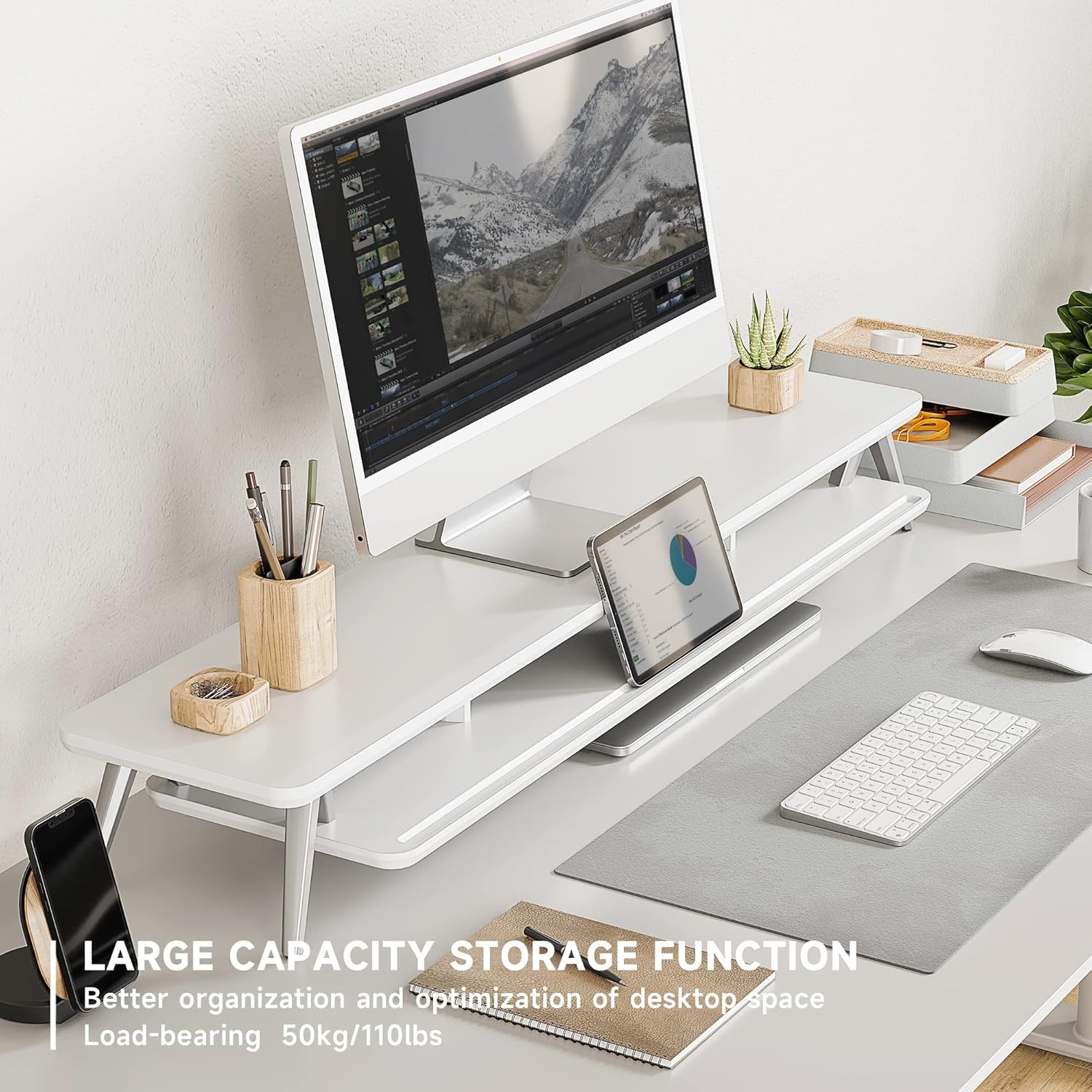 image:imageFenge Dual Monitor Stand Monitor Stands Riser for 2 monitors 425 Inch Wood Desk Shelf with Storage Organizer and Cable Management for Office Desk AccessoriesWhite