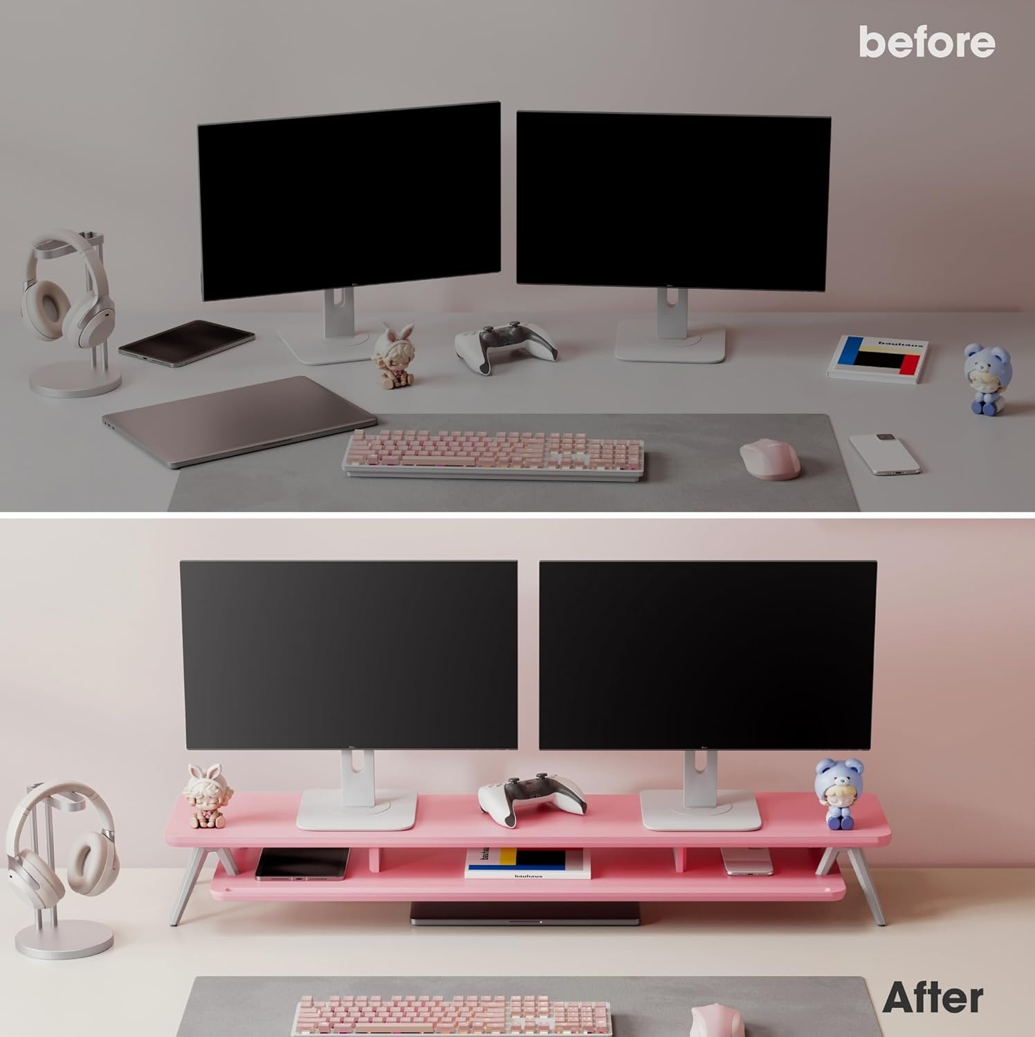 image:imageFenge Dual Monitor Stand Monitor Stands Riser for 2 monitors 425 Inch Wood Desk Shelf with Storage Organizer and Cable Management for Office Desk AccessoriesPink