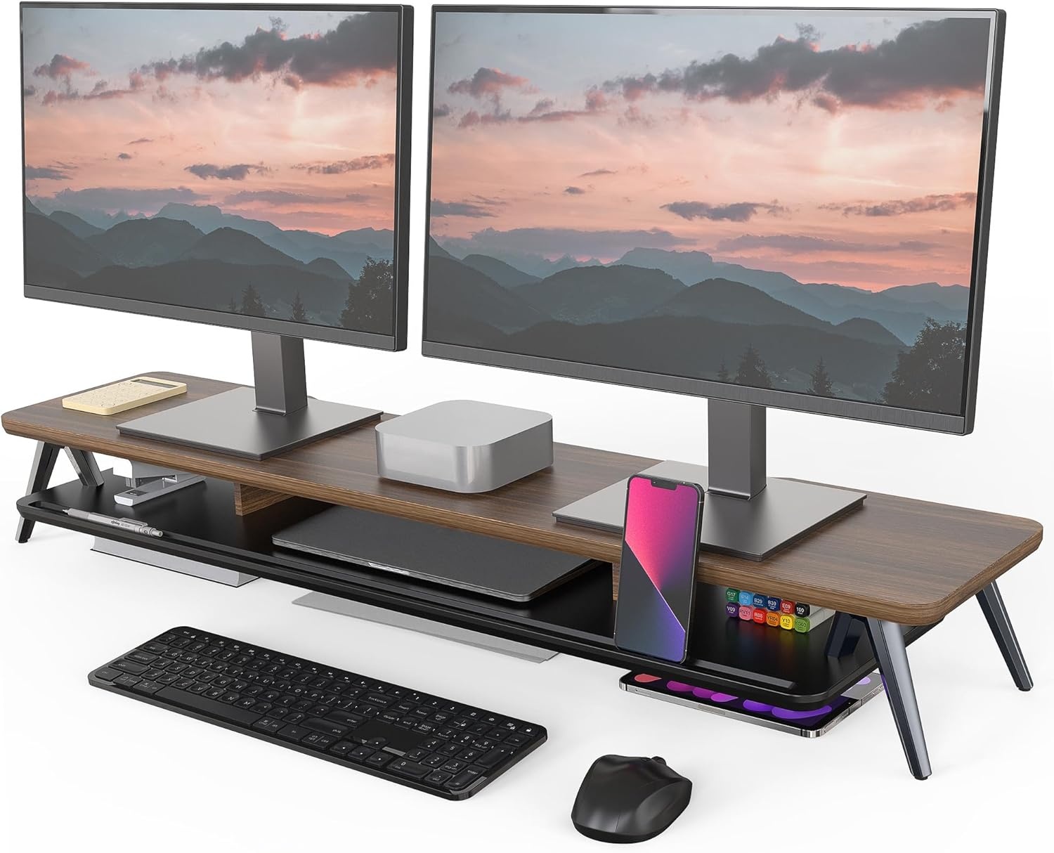 image:imageFenge Dual Monitor Stand Monitor Stands Riser for 2 monitors 425 Inch Wood Desk Shelf with Storage Organizer and Cable Management for Office Desk AccessoriesWalnut