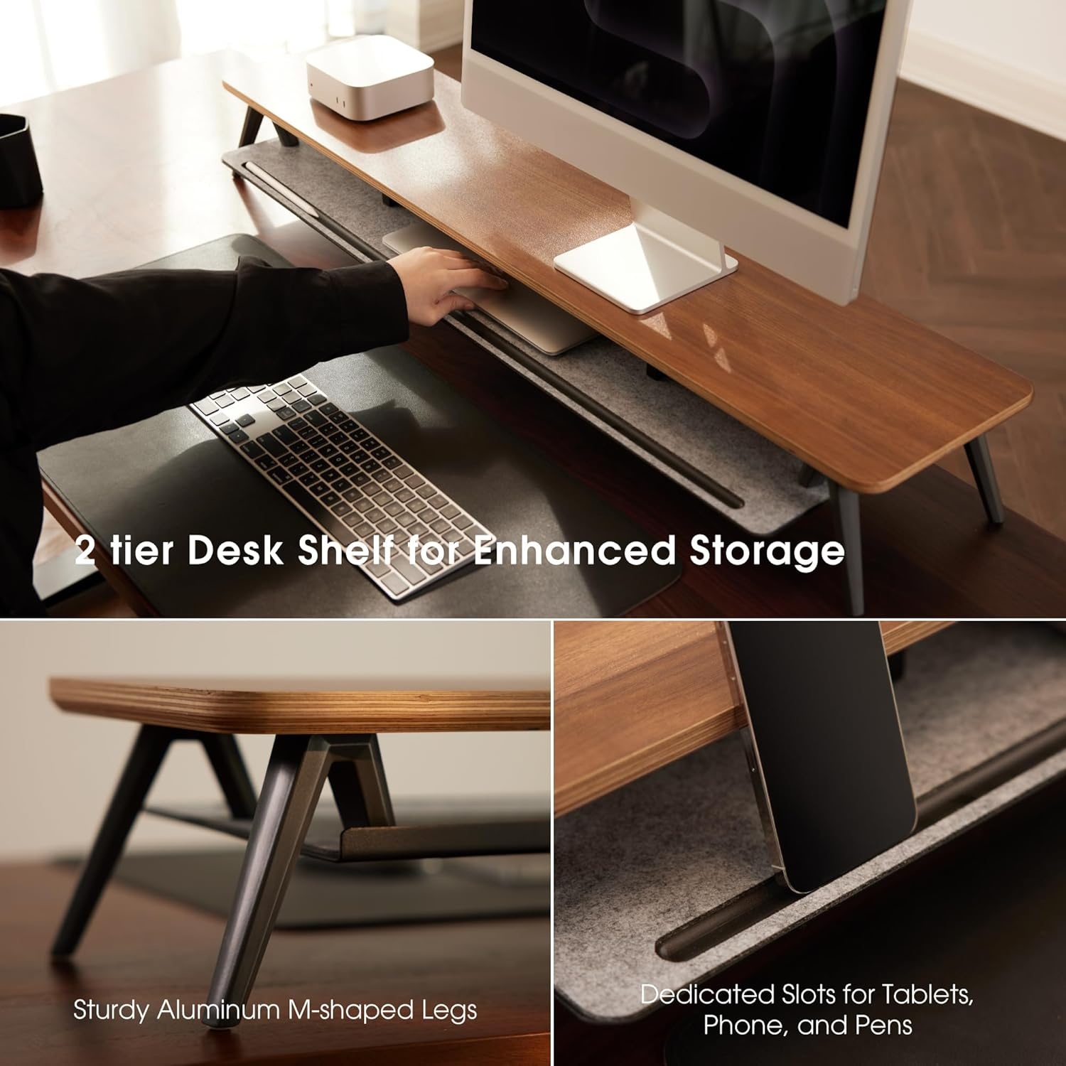 image:imageFenge Dual Monitor Stand MultiLayer Solid Wood Monitor Riser for Desk Monitor Stand with Aluminum MShaped Legs Walnut Desk Shelf with Iron Plate for ComputerBrown