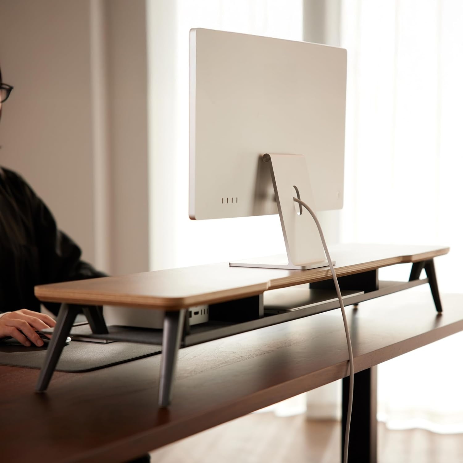 image:imageFenge Dual Monitor Stand MultiLayer Solid Wood Monitor Riser for Desk Monitor Stand with Aluminum MShaped Legs Walnut Desk Shelf with Iron Plate for ComputerBrown
