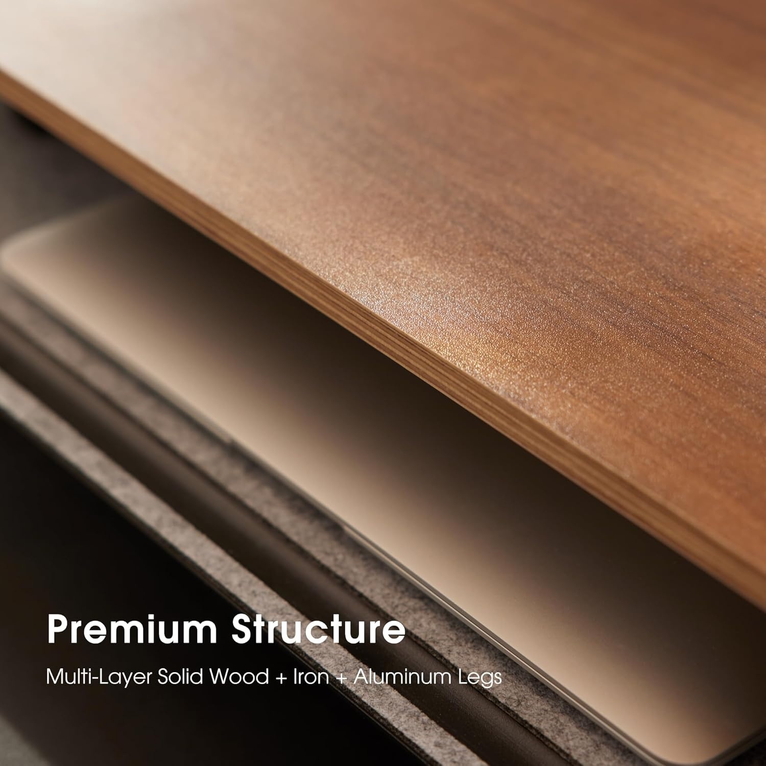 image:imageFenge Dual Monitor Stand MultiLayer Solid Wood Monitor Riser for Desk Monitor Stand with Aluminum MShaped Legs Walnut Desk Shelf with Iron Plate for ComputerBrown