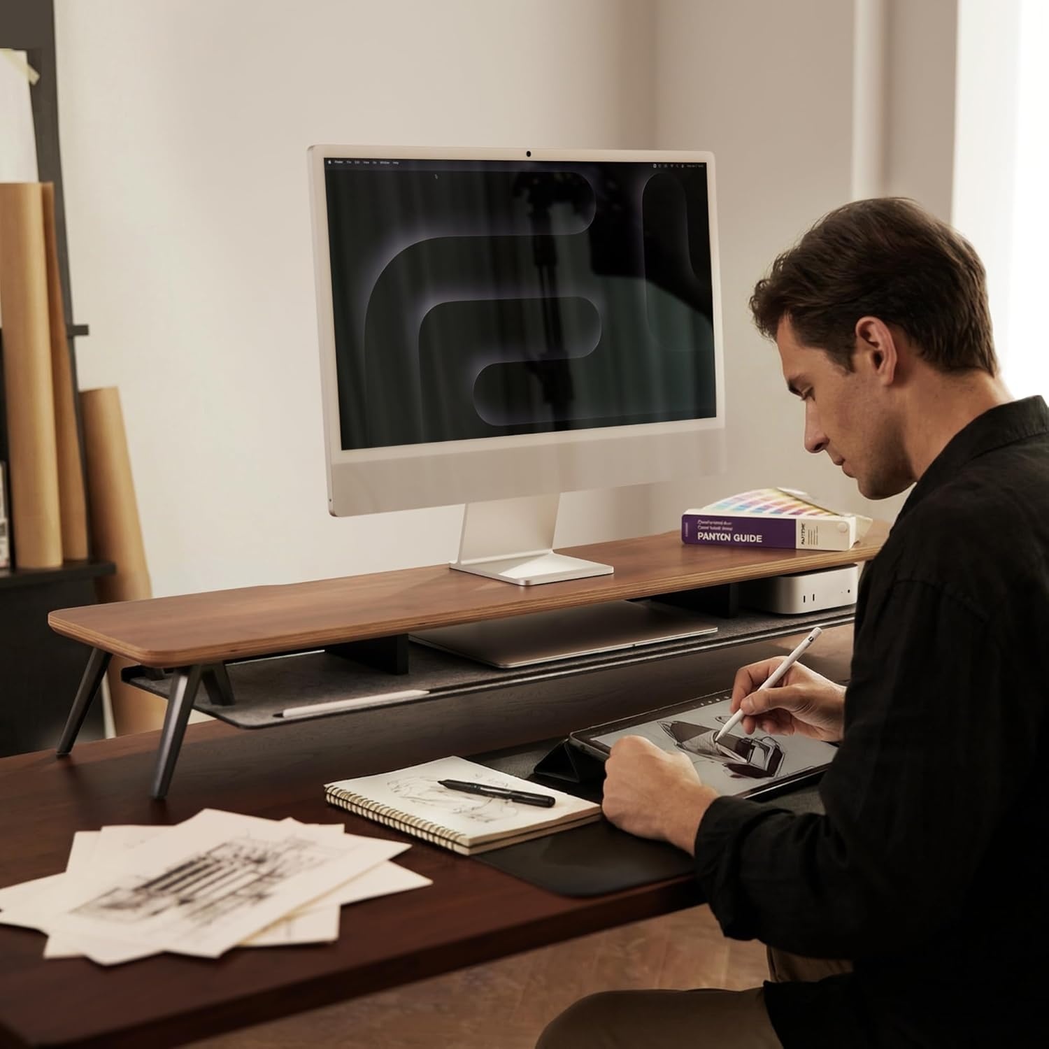 image:imageFenge Dual Monitor Stand MultiLayer Solid Wood Monitor Riser for Desk Monitor Stand with Aluminum MShaped Legs Walnut Desk Shelf with Iron Plate for ComputerBrown